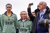 The Cancer Research UK Women's Boat Race 2018: At the Women's Boat Race toss - Cambridge stroke Millie Perrin, and cox Sophie Wrixon, with sports broadcaster David Mercer.
River Thames between Putney Bridge and Mortlake,
London SW15,

United Kingdom,
on 24 March 2018 at 14:55, image #72