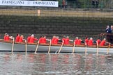 The Cancer Research UK Women's Boat Race 2018: Rowers at work on the Queen's rowbarge Gloriana.
River Thames between Putney Bridge and Mortlake,
London SW15,

United Kingdom,
on 24 March 2018 at 15:15, image #77