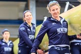 The Cancer Research UK Women's Boat Race 2018: THe Oxford boat, with the BBC camera assembly mounted on the rear, is carried out of the boathouse. In front 5 seat Morgan McGovern.
River Thames between Putney Bridge and Mortlake,
London SW15,

United Kingdom,
on 24 March 2018 at 15:42, image #92