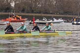 The Cancer Research UK Women's Boat Race 2018: The Cambridge Blue Boat leaving the boathouses area, here 4 seat Thea Zabell, 3 Kelsey Barolak, 2 Imogen Grant, and bow Tricia Smith.
River Thames between Putney Bridge and Mortlake,
London SW15,

United Kingdom,
on 24 March 2018 at 15:49, image #134