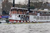 The Cancer Research UK Women's Boat Race 2018: The Cambridge Blue Boat, seconds after the start of the race, passing the Cambridge supporters Thames ship Elizabethan.
River Thames between Putney Bridge and Mortlake,
London SW15,

United Kingdom,
on 24 March 2018 at 16:31, image #166