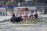 The Cancer Research UK Women's Boat Race 2018: The Oxford Blue Boat between Putney Bridge and the boathouses - cox Jessica Buck, stroke Beth Bridgman, 7 Abigail Killen, 6 Sara Kushma, 5 Morgan McGovern, 4 Alice Roberts, 3 Juliette Perry, 2 Katherine Erickson, bow Renée Koolschijn.
River Thames between Putney Bridge and Mortlake,
London SW15,

United Kingdom,
on 24 March 2018 at 16:31, image #167