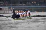 The Cancer Research UK Women's Boat Race 2018: The Oxford Blue Boat between Putney Bridge and the boathouses - cox Jessica Buck, stroke Beth Bridgman, 7 Abigail Killen, 6 Sara Kushma, 5 Morgan McGovern, 4 Alice Roberts, 3 Juliette Perry, 2 Katherine Erickson, bow Renée Koolschijn.
River Thames between Putney Bridge and Mortlake,
London SW15,

United Kingdom,
on 24 March 2018 at 16:31, image #168