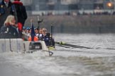 The Cancer Research UK Women's Boat Race 2018: The Oxford Blue Boat nearly hidden by the umpire's launch - bow Renée Koolschijn, 2	Katherine Erickson, 3 Juliette Perry, 4	Alice Roberts, 5 Morgan McGovern, 6	Sara Kushma, 7 Abigail Killen, stroke Beth Bridgman, cox Jessica Buck.
River Thames between Putney Bridge and Mortlake,
London SW15,

United Kingdom,
on 24 March 2018 at 16:36, image #173