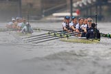 The Cancer Research UK Women's Boat Race 2018: Cambridge is getting away - near Harrods Repository, in the Oxford boat bow Renée Koolschijn, 2 Katherine Erickson, 3 Juliette Perry, 4 Alice Roberts, 5 Morgan McGovern, 6 Sara Kushma, 7 Abigail Killen, stroke Beth Bridgman, cox Jessica Buck.
River Thames between Putney Bridge and Mortlake,
London SW15,

United Kingdom,
on 24 March 2018 at 16:37, image #177