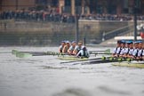 The Cancer Research UK Women's Boat Race 2018: Having a clear view of the leading Cambridge boat was quite rare during this years race. Bow Tricia Smith, 2 Imogen Grant, 3 Kelsey Barolak, 4 Thea Zabell, 5 Paula Wesselmann, 6 Alice White, 7 Myriam Goudet-Boukhatmi, stroke	Olivia Coffey, cox Sophie Shapter.
River Thames between Putney Bridge and Mortlake,
London SW15,

United Kingdom,
on 24 March 2018 at 16:37, image #178