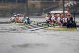 The Cancer Research UK Women's Boat Race 2018: Cambridge is getting away - near Harrods Repository, in the Oxford boat bow Renée Koolschijn, 2 Katherine Erickson, 3 Juliette Perry, 4 Alice Roberts, 5 Morgan McGovern, 6 Sara Kushma, 7 Abigail Killen, stroke Beth Bridgman, cox Jessica Buck.
River Thames between Putney Bridge and Mortlake,
London SW15,

United Kingdom,
on 24 March 2018 at 16:37, image #179