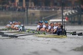 The Cancer Research UK Women's Boat Race 2018: Cambridge is getting away - near Harrods Repository, in the Oxford boat bow Renée Koolschijn, 2 Katherine Erickson, 3 Juliette Perry, 4 Alice Roberts, 5 Morgan McGovern, 6 Sara Kushma, 7 Abigail Killen, stroke Beth Bridgman, cox Jessica Buck.
River Thames between Putney Bridge and Mortlake,
London SW15,

United Kingdom,
on 24 March 2018 at 16:37, image #180