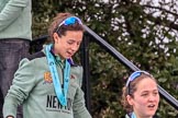 The Cancer Research UK Women's Boat Race 2018: Imogen Grant and Tricia Smith leaving the podium after a lot of Castle Down Brut has been sprayed..
River Thames between Putney Bridge and Mortlake,
London SW15,

United Kingdom,
on 24 March 2018 at 17:10, image #302