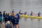 The Cancer Research UK Women's Boat Race 2018: The Oxford reserve boat, also beaten by Cambridge, arrives at Mortlake Boat Club - here bow Matlida Edwards, 2 Laura Depner, 3 Madeline Goss, 4 Rachel Anderson, and 5 Sarah Payne Riches.
River Thames between Putney Bridge and Mortlake,
London SW15,

United Kingdom,
on 24 March 2018 at 17:11, image #309