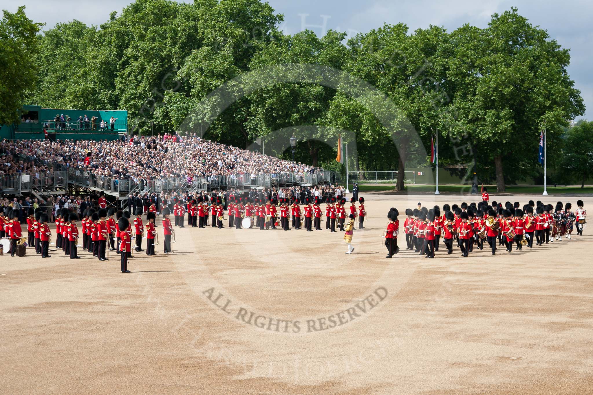 Trooping the Colour 2009: Drum Major M Godsman, Scots Guards, leading the Band of the Scots Guards onto Horse Guards Parade. On the left the grand stands on the Downing Street side of the parade ground..
Horse Guards Parade, Westminster,
London SW1,

United Kingdom,
on 13 June 2009 at 10:27, image #55