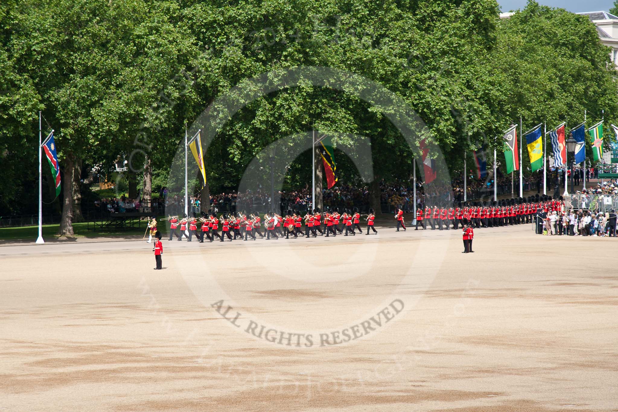 Trooping the Colour 2009: Drum Major C Patterson, Irish Guards, leading the Band of the Irish Guards down Horse Guards Parade..
Horse Guards Parade, Westminster,
London SW1,

United Kingdom,
on 13 June 2009 at 10:27, image #56