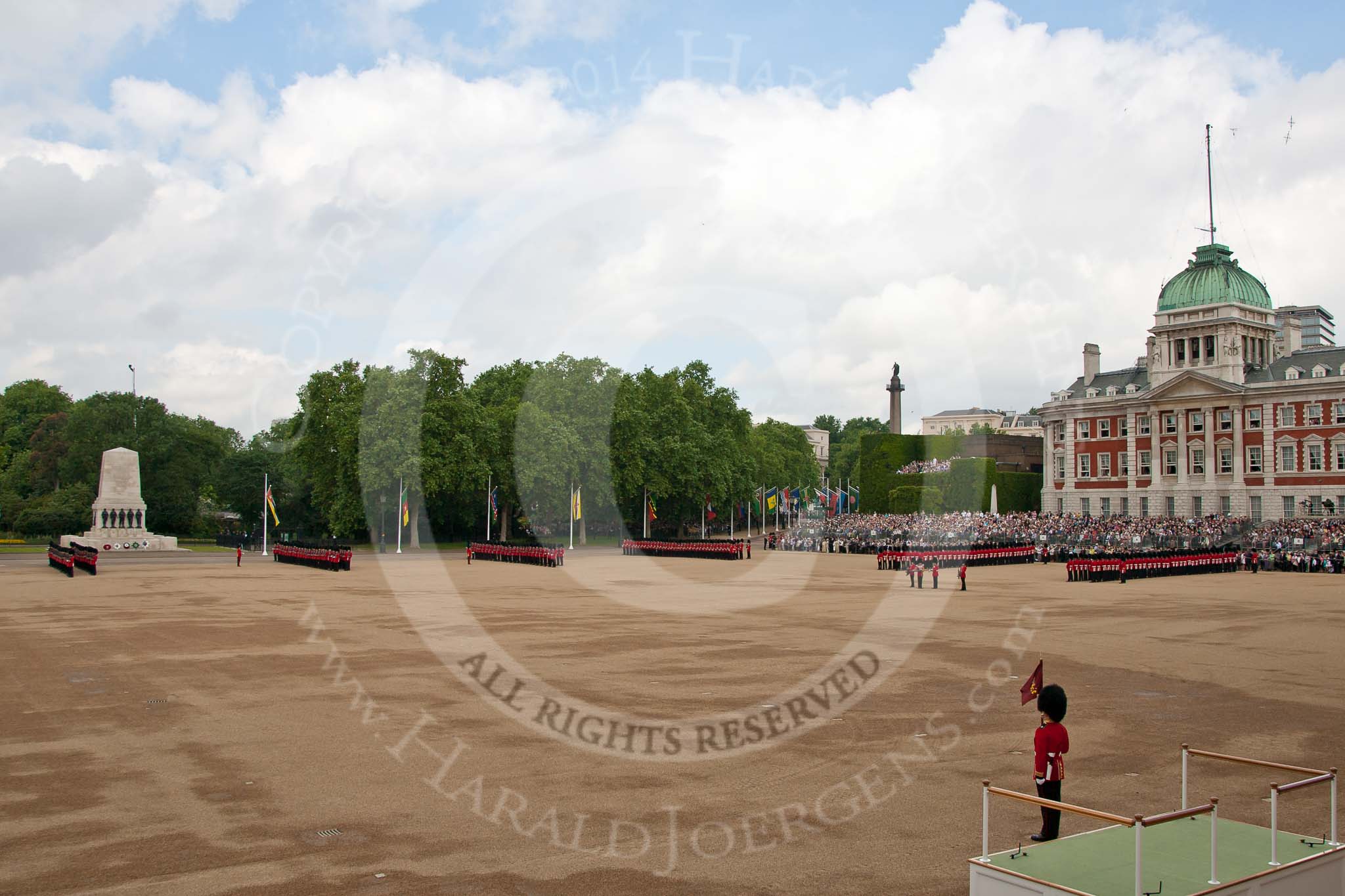 Trooping the Colour 2009: Horse Guards Parade before the event. The seven Guards are in position. The saluting base in the foreground will later be assembled and moved into position..
Horse Guards Parade, Westminster,
London SW1,

United Kingdom,
on 13 June 2009 at 10:33, image #63