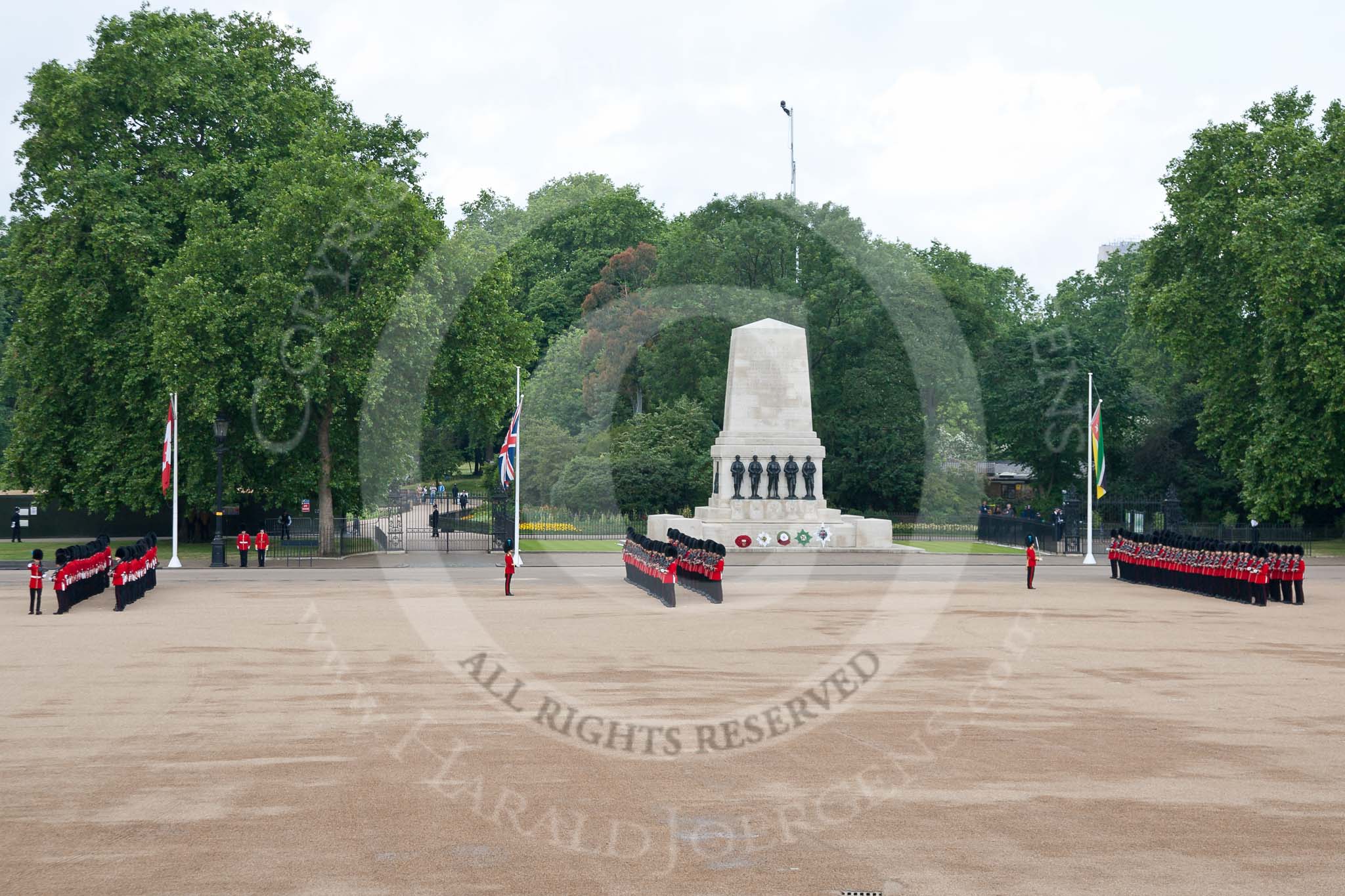 Trooping the Colour 2009: No. 2, 3, and 4 Guards in position on Horse Guards Parade, behind them the Guards Memorial..
Horse Guards Parade, Westminster,
London SW1,

United Kingdom,
on 13 June 2009 at 10:33, image #65