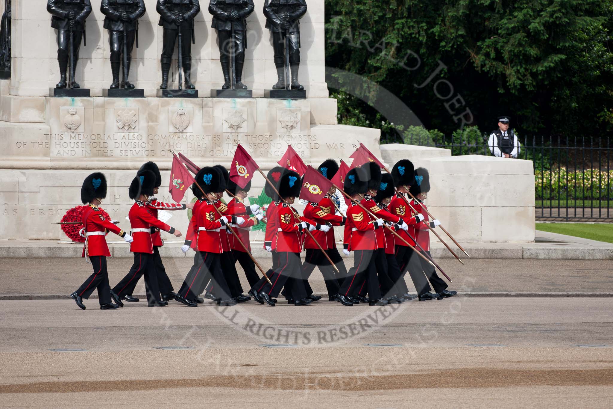 Trooping the Colour 2009: 'Keepers of the Ground' on their initial march to Horse Guards Arch, here in front of the Guards Memorial..
Horse Guards Parade, Westminster,
London SW1,

United Kingdom,
on 13 June 2009 at 09:25, image #5