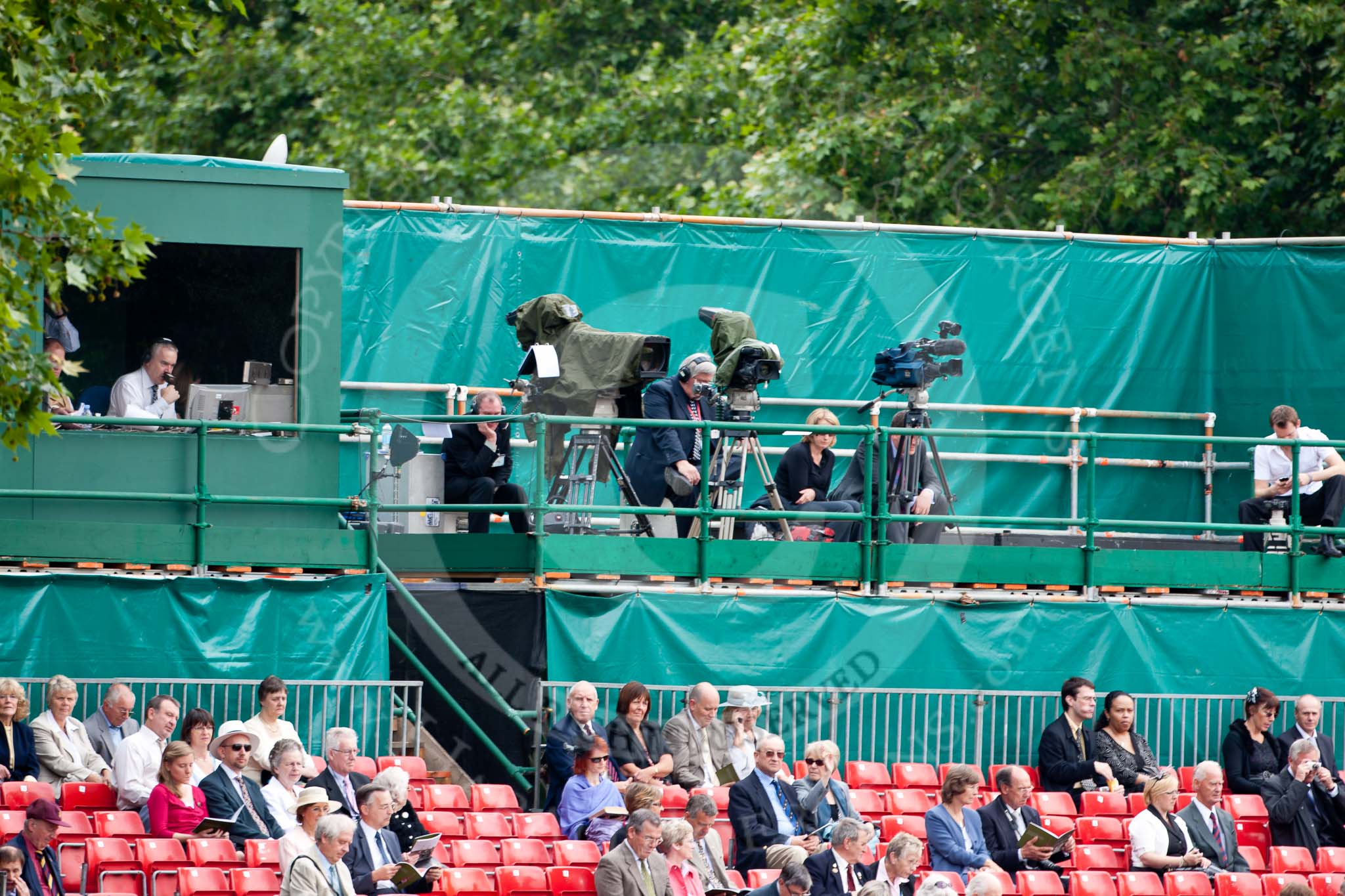 Trooping the Colour 2009: Press stand on the rear of the garden of Downing Street 10 - television crews setting up their cameras, the BBC's Hew Edwards, preparing his live commentary, on the left..
Horse Guards Parade, Westminster,
London SW1,

United Kingdom,
on 13 June 2009 at 09:29, image #7