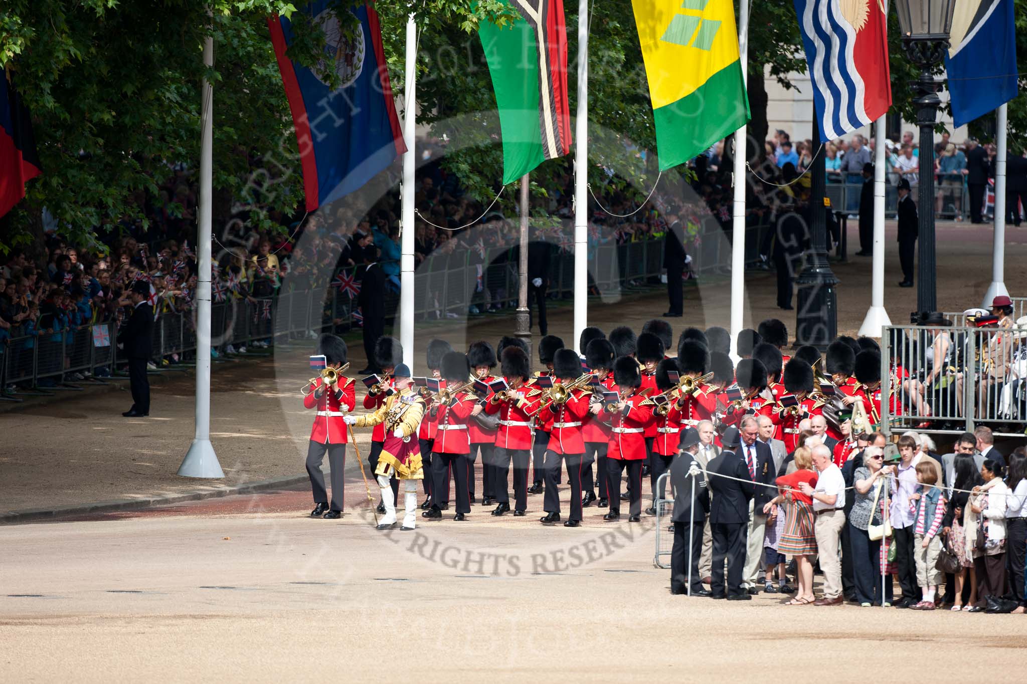 Trooping the Colour 2009: Senior Dum Major Tony Moors, Grenadier Guards, leading the Band of the Grenadier Guards down Horse Guards Road..
Horse Guards Parade, Westminster,
London SW1,

United Kingdom,
on 13 June 2009 at 10:09, image #22