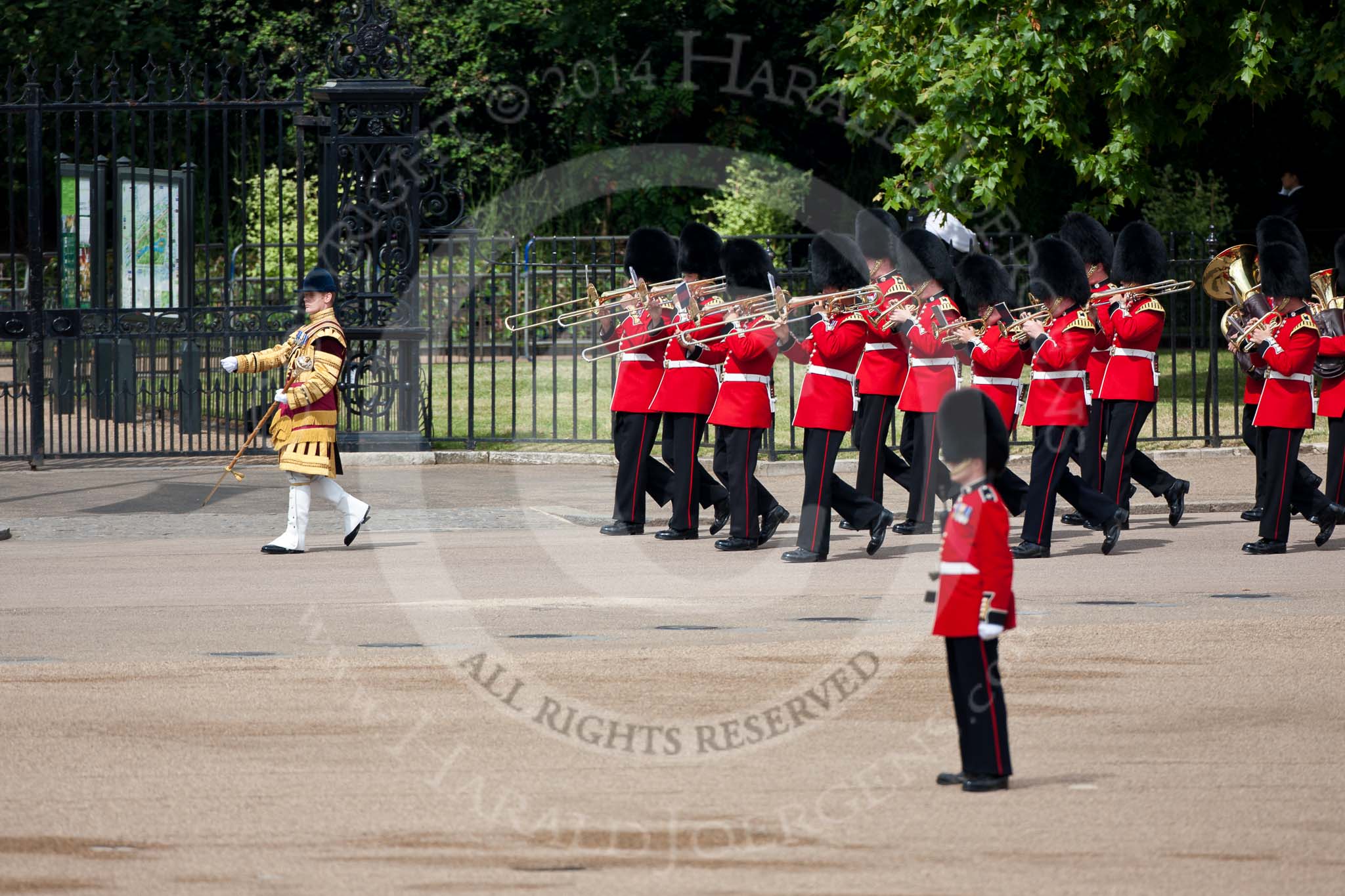 Trooping the Colour 2009: Drum Major S O'Brien, Welsh Guards, leading the Band of the Coldstream Guards along St. James's Park towards Horse Guards Parade..
Horse Guards Parade, Westminster,
London SW1,

United Kingdom,
on 13 June 2009 at 10:20, image #34