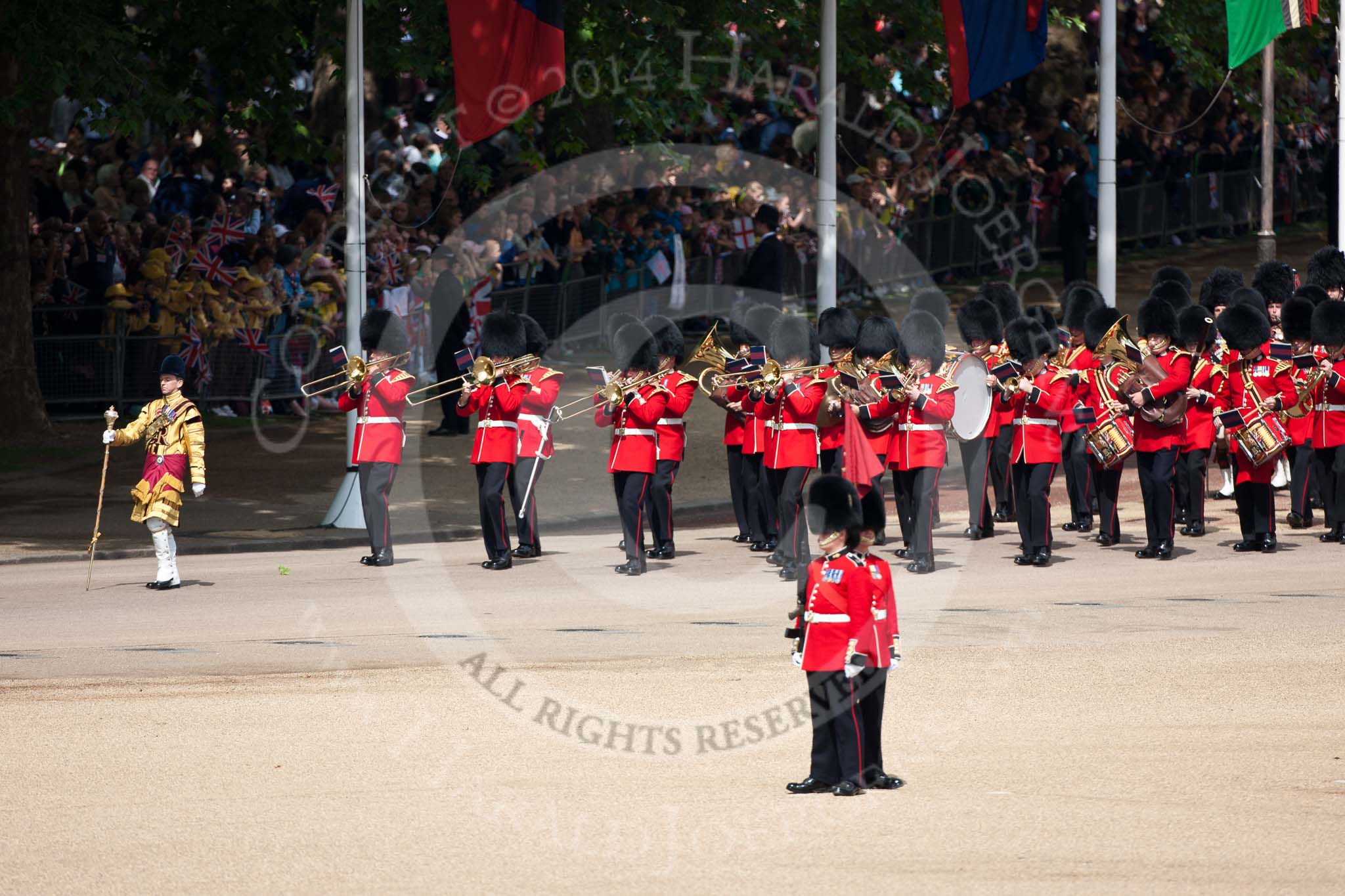 Trooping the Colour 2009: Drum Major M Godsman, Scots Guards, leading the Band of the Scots Guards down Horse Guards Road towards the parade ground..
Horse Guards Parade, Westminster,
London SW1,

United Kingdom,
on 13 June 2009 at 10:23, image #38