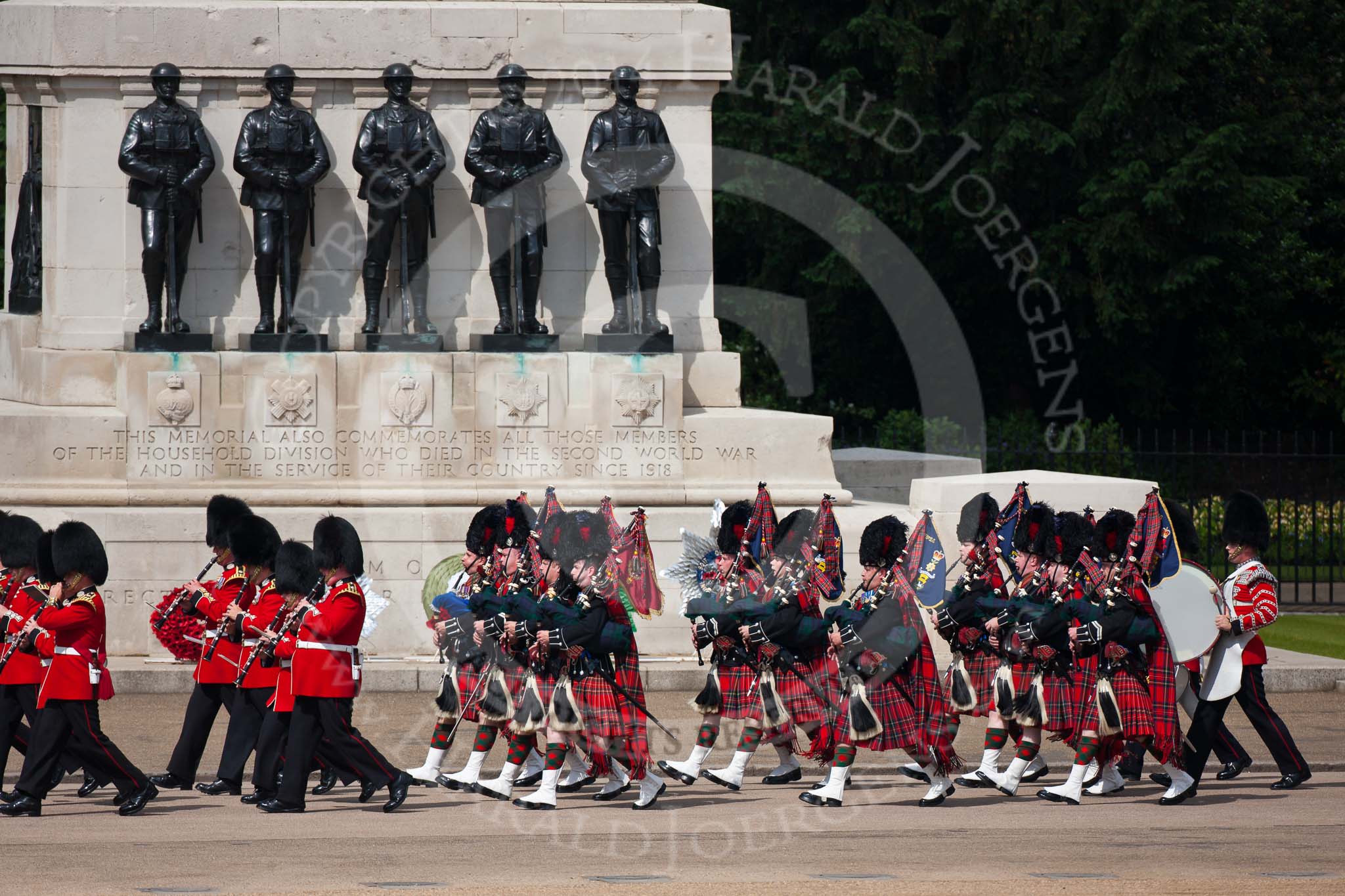 Trooping the Colour 2009: The Band of the Scots Guards, with their pipers in Royal Stewart Tartan, marching along the Guards Memorial..
Horse Guards Parade, Westminster,
London SW1,

United Kingdom,
on 13 June 2009 at 10:24, image #42
