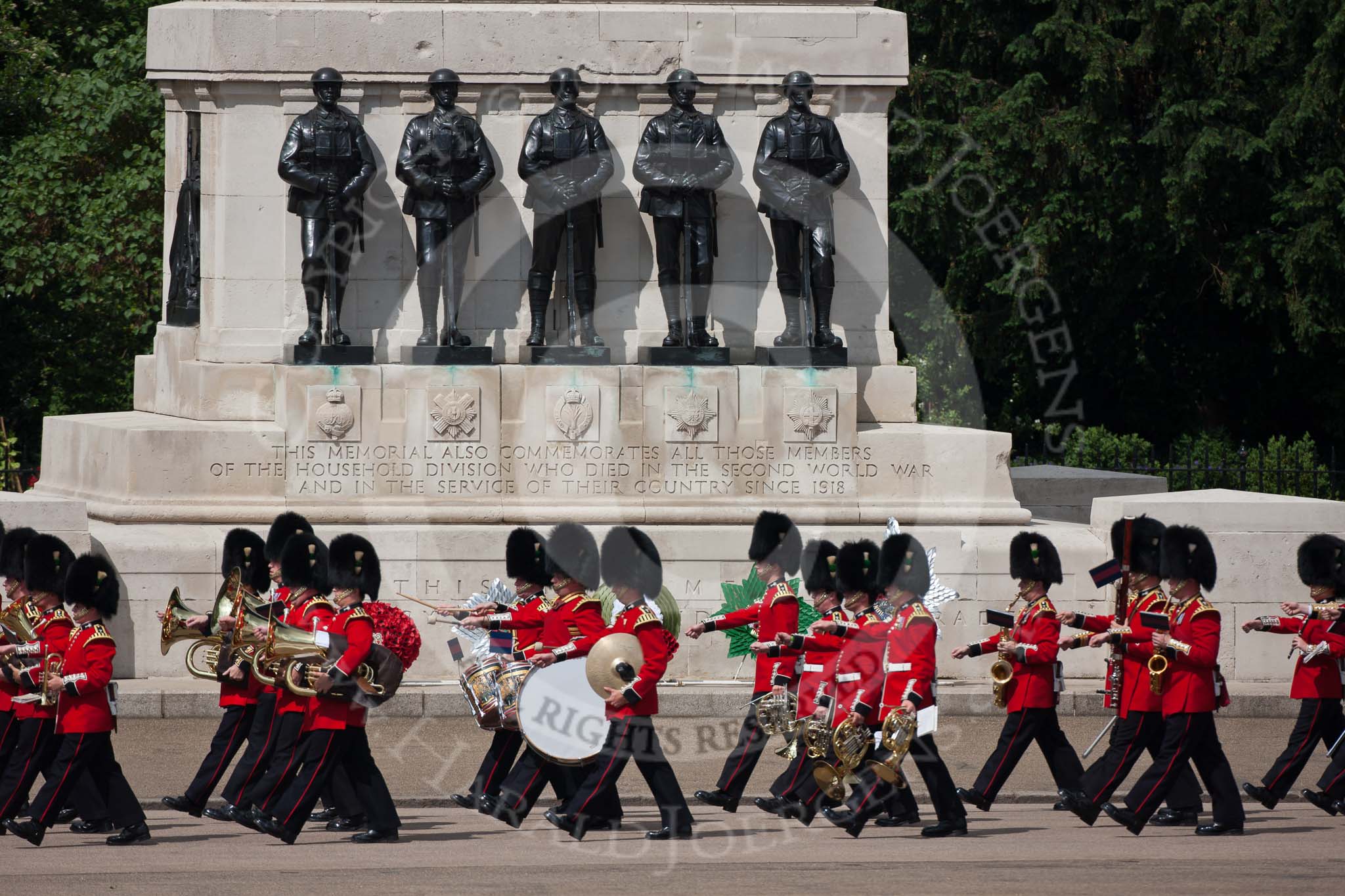 Trooping the Colour 2009: The Band of the Grenadier Guards marching on Horse Guards Roadm along the Guards Memorial, to the parade ground..
Horse Guards Parade, Westminster,
London SW1,

United Kingdom,
on 13 June 2009 at 10:26, image #48