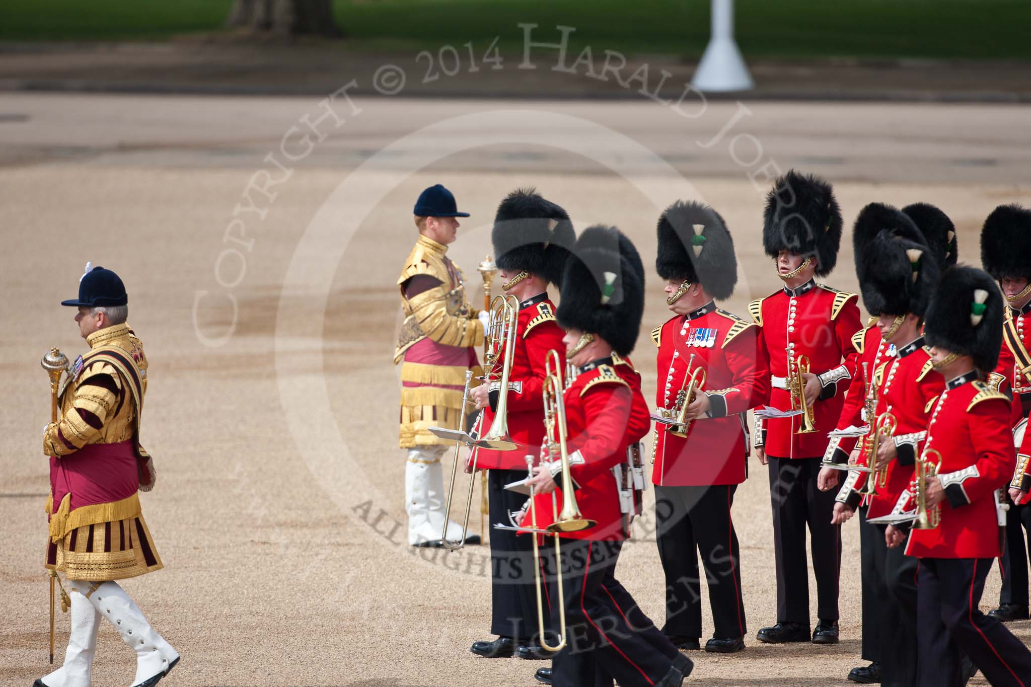 Trooping the Colour 2009: Drum Major Tony Moors, the 'anchorman' of music at the parade, with musicians of the Welsh Guards..
Horse Guards Parade, Westminster,
London SW1,

United Kingdom,
on 13 June 2009 at 10:27, image #57