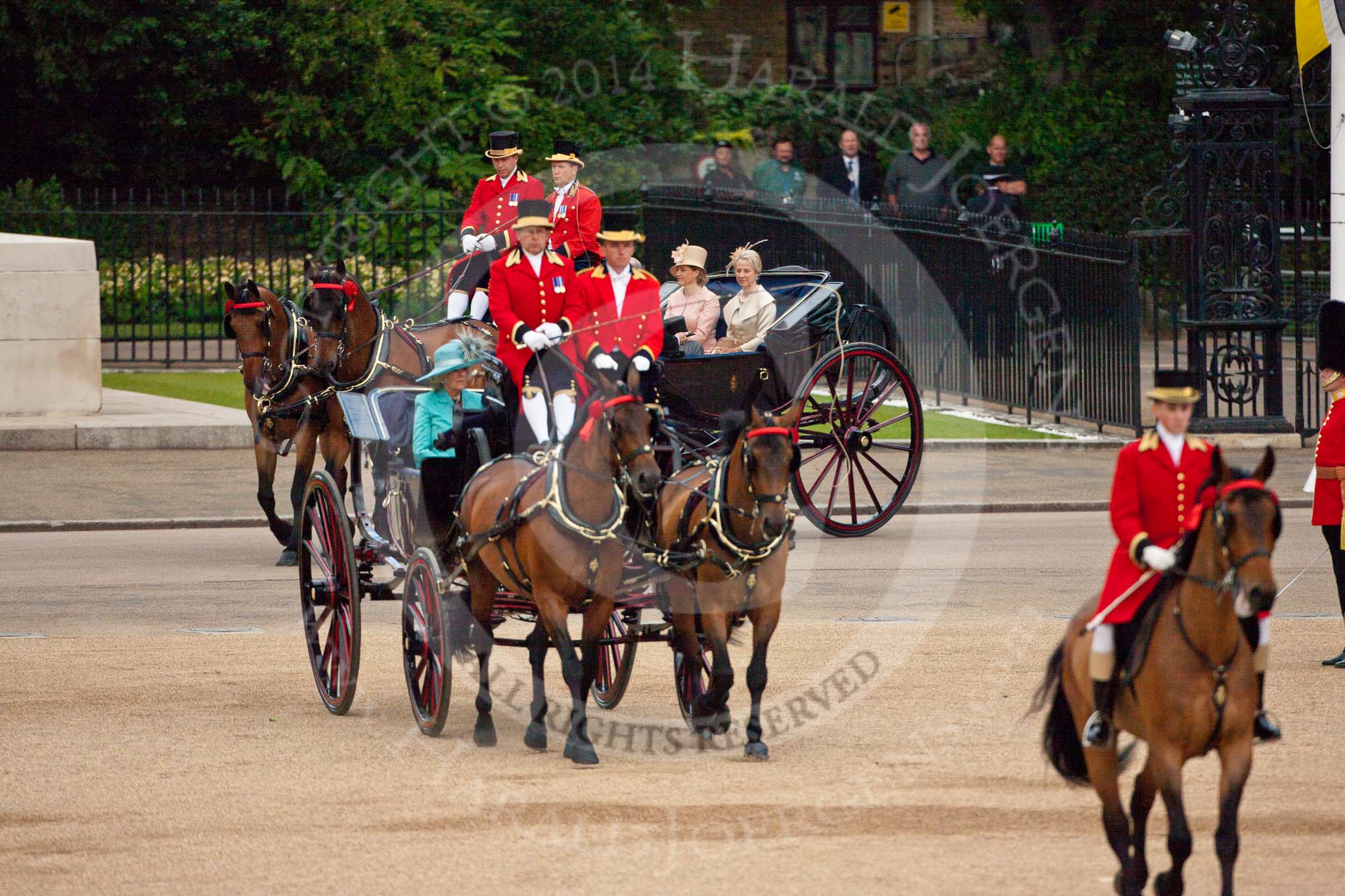 Trooping the Colour 2009: The two barouche carriages with members of the Royal Family arrive at Horse Guards Parade. In the first carriage just visible HRH the Duchess of Cornwall, in the second HRH the Countess of Wessex and HRH the Duchess of Cornwall..
Horse Guards Parade, Westminster,
London SW1,

United Kingdom,
on 13 June 2009 at 10:48, image #91