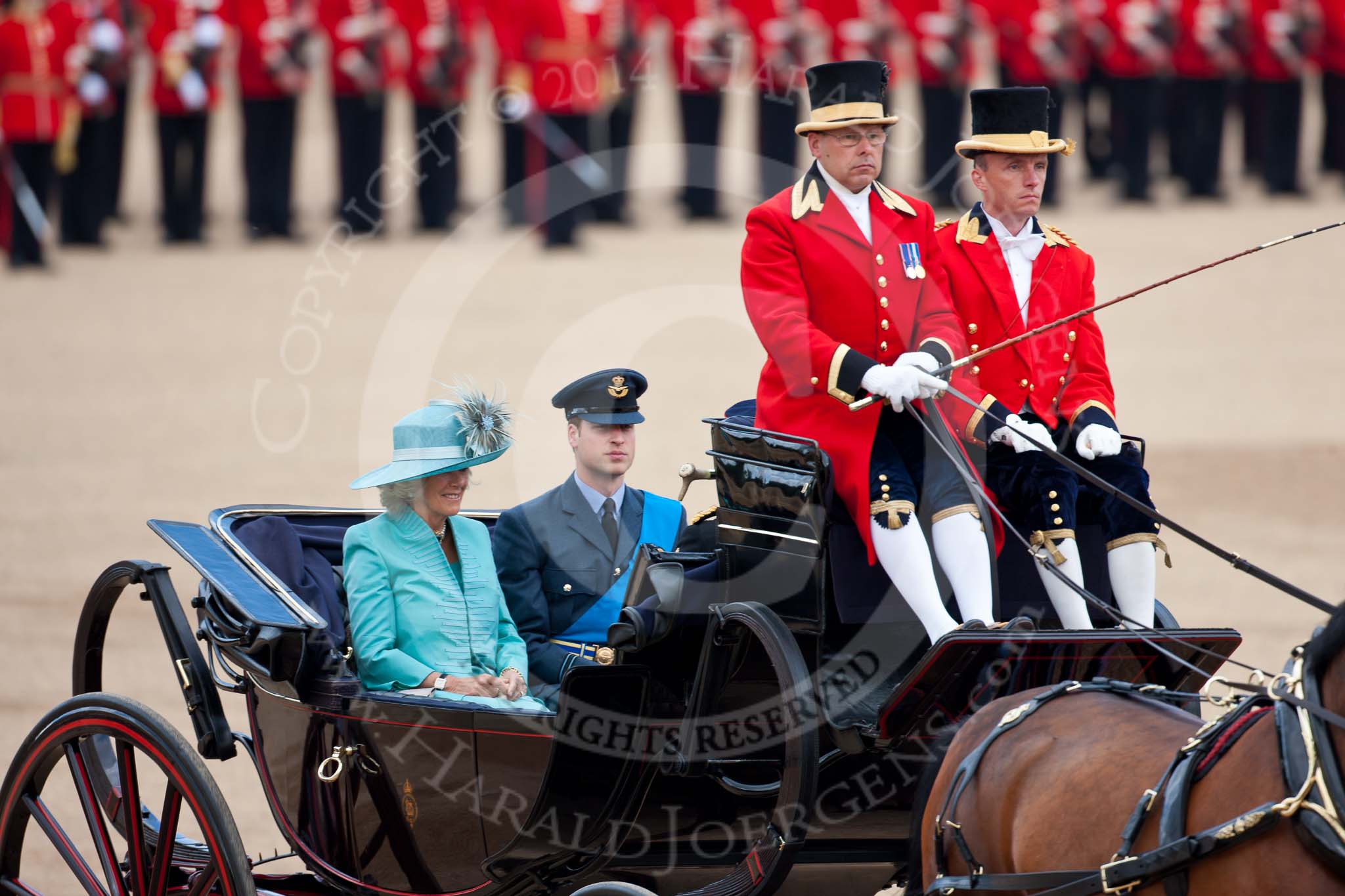 Trooping the Colour 2009: In the first of the two barouche carriages HRH the Duchess of Cornwall, next to her HRH Prince William, and opposite and out of sight HRH Prince Harry..
Horse Guards Parade, Westminster,
London SW1,

United Kingdom,
on 13 June 2009 at 10:48, image #93
