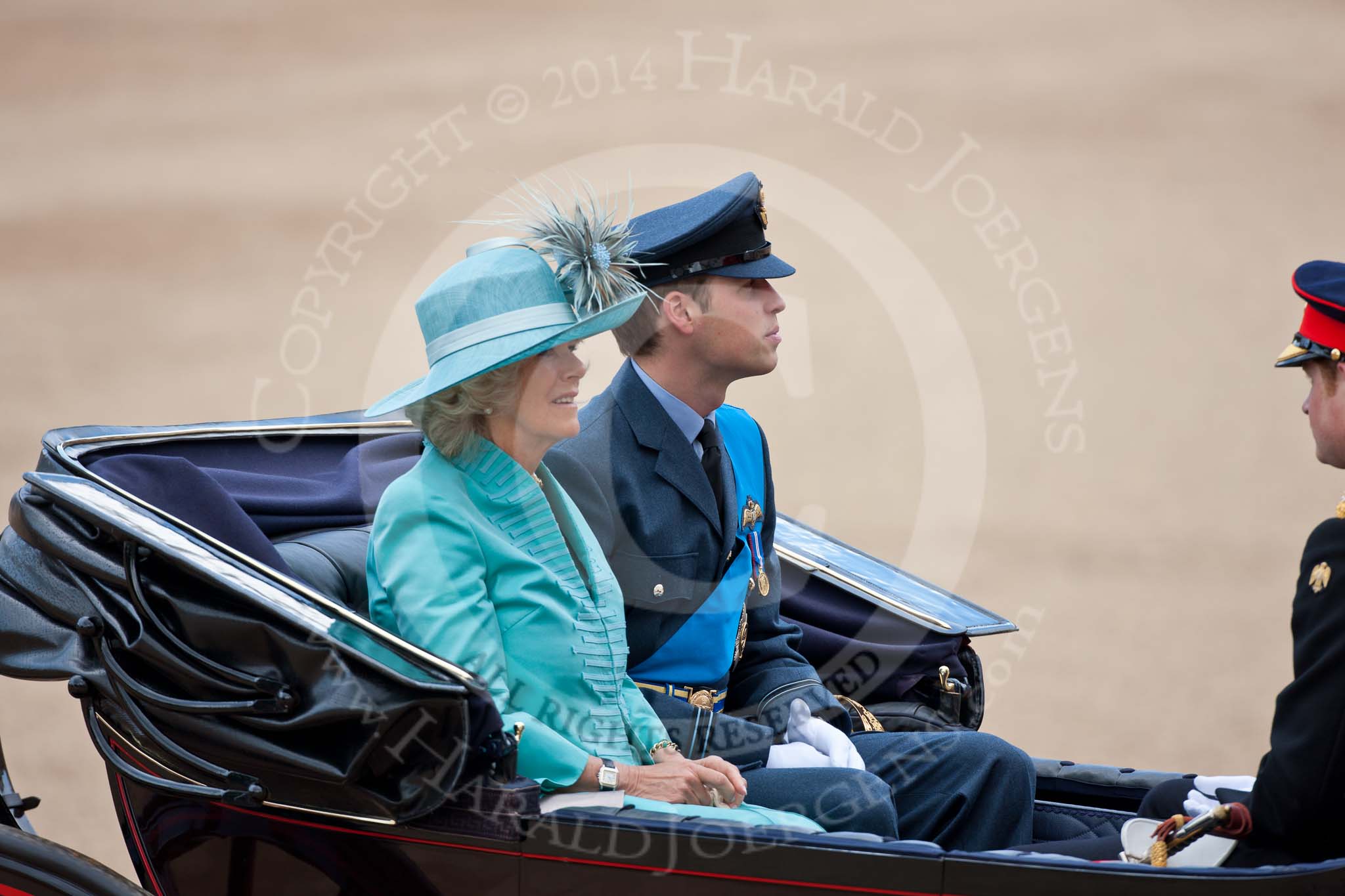 Trooping the Colour 2009: In the first of the two barouche carriages HRH the Duchess of Cornwall, next to her HRH Prince William, and opposite and out of sight HRH Prince Harry..
Horse Guards Parade, Westminster,
London SW1,

United Kingdom,
on 13 June 2009 at 10:49, image #95