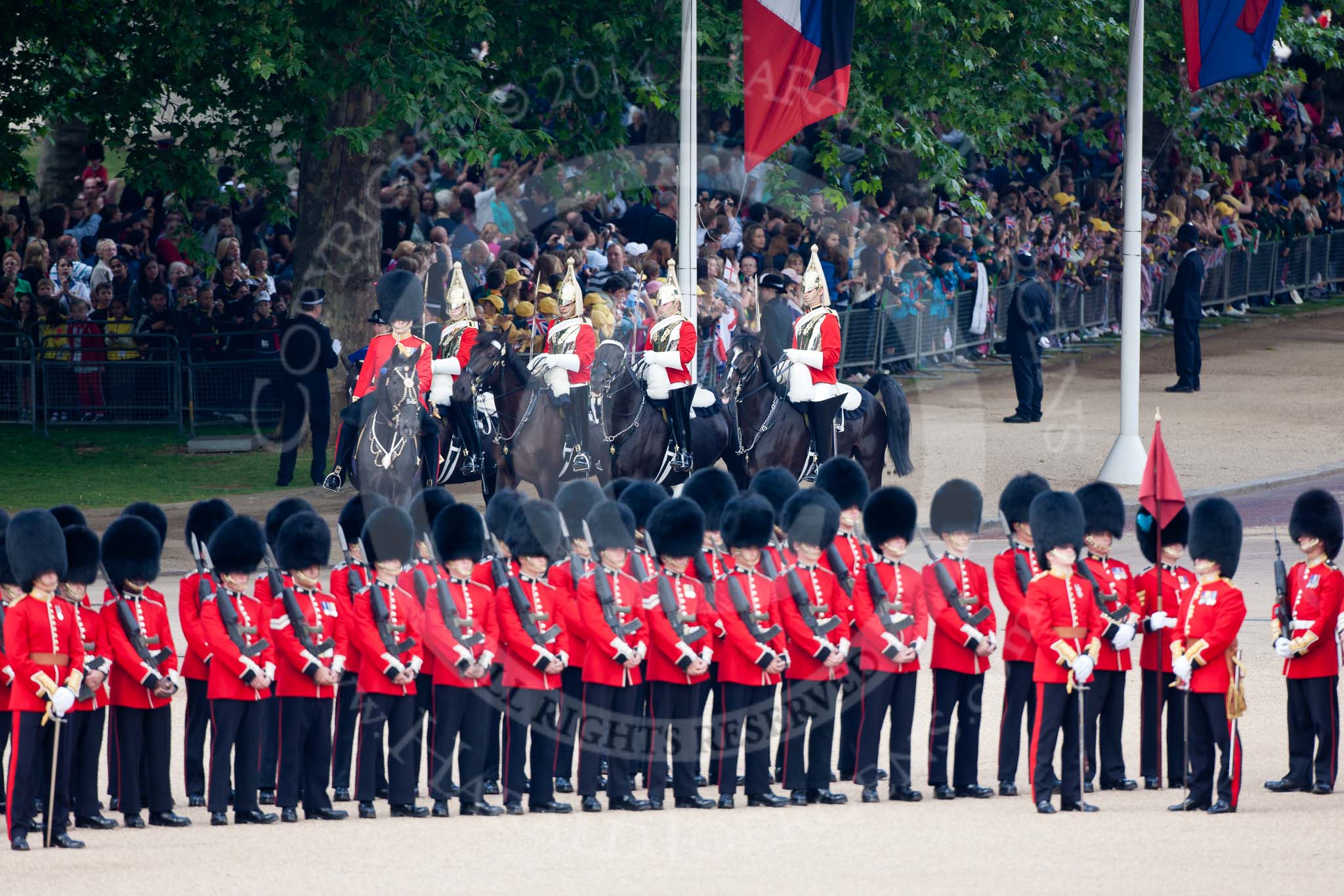 Trooping the Colour 2009: Leading the Royal Procession, the Brigade Major Household Division, Lieutenant Colonel Jeremy Bagshaw, followed by four Troopers of The Life Guards, arrives on Horse Guards Parade..
Horse Guards Parade, Westminster,
London SW1,

United Kingdom,
on 13 June 2009 at 10:54, image #102