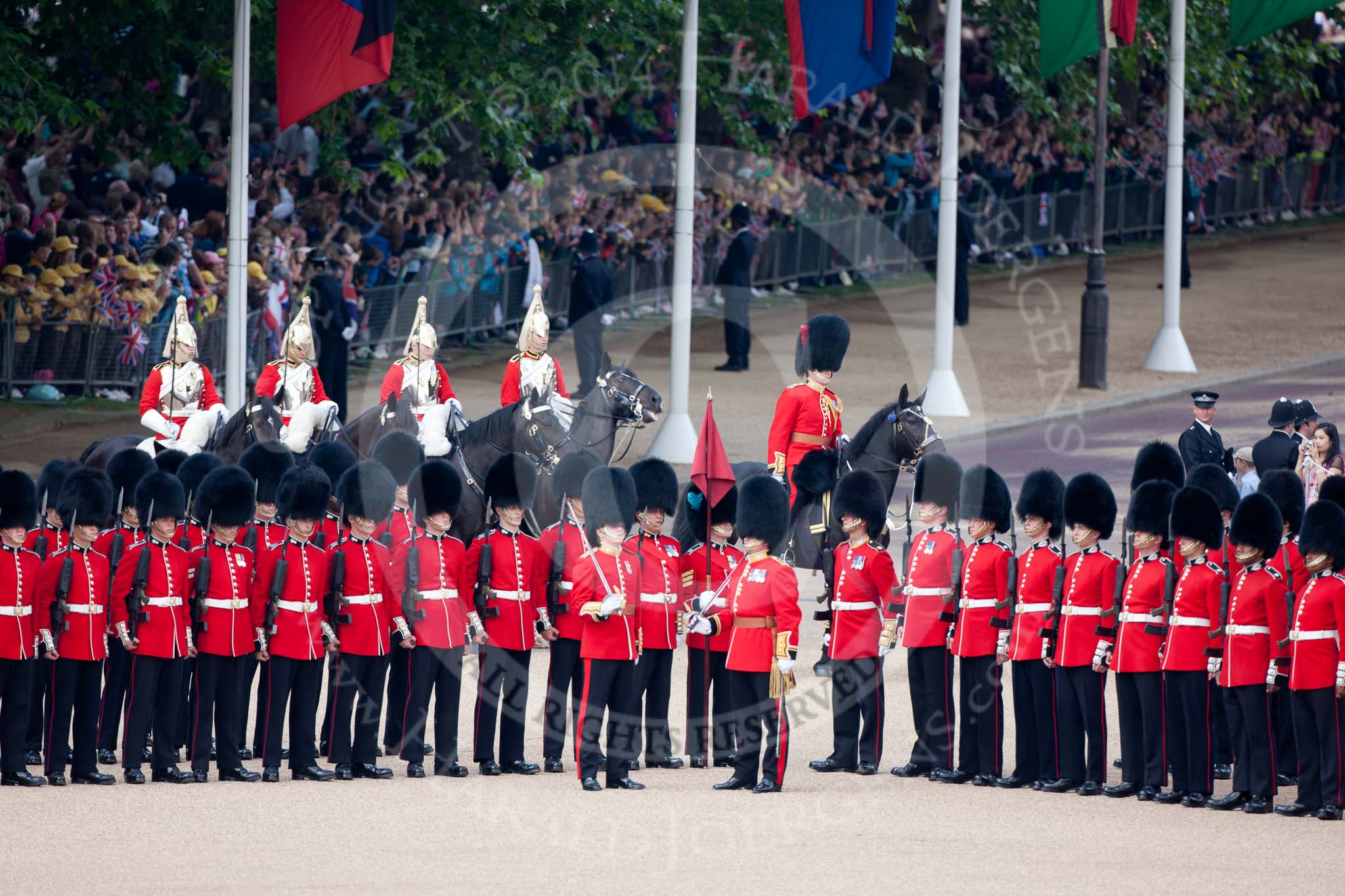 Trooping the Colour 2009: Leading the Royal Procession, the Brigade Major Household Division, Lieutenant Colonel Jeremy Bagshaw, followed by four Troopers of The Life Guards, arrives on Horse Guards Parade..
Horse Guards Parade, Westminster,
London SW1,

United Kingdom,
on 13 June 2009 at 10:54, image #103
