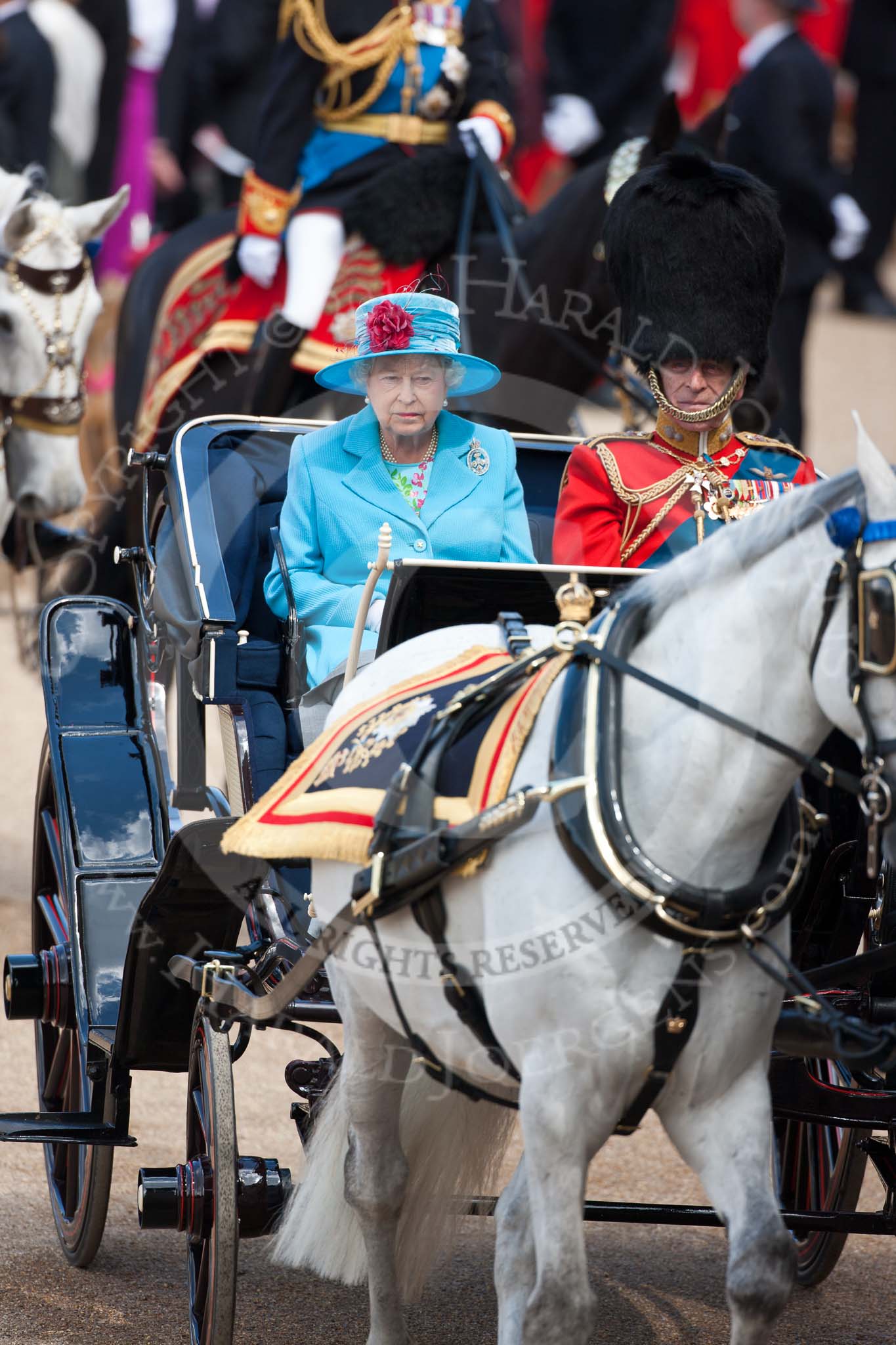 Trooping the Colour 2009: The ivory mounted phaeton with HM The Queen and HRH The Duke of Edinburgh on horse guards parade..
Horse Guards Parade, Westminster,
London SW1,

United Kingdom,
on 13 June 2009 at 10:58, image #124