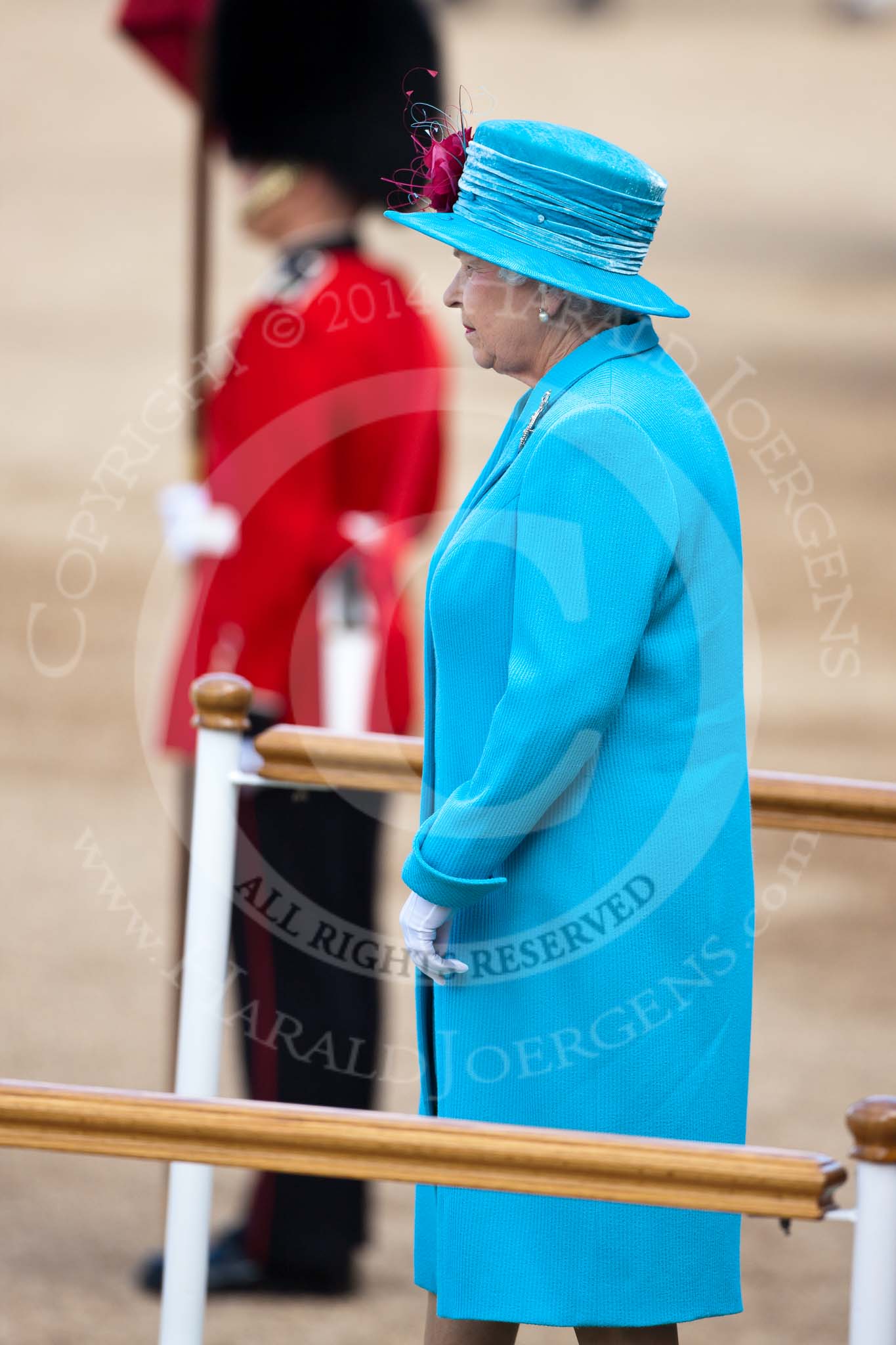 Trooping the Colour 2009: HM The Queen standing on the saluting base whilst the National Anthem is played..
Horse Guards Parade, Westminster,
London SW1,

United Kingdom,
on 13 June 2009 at 10:58, image #126