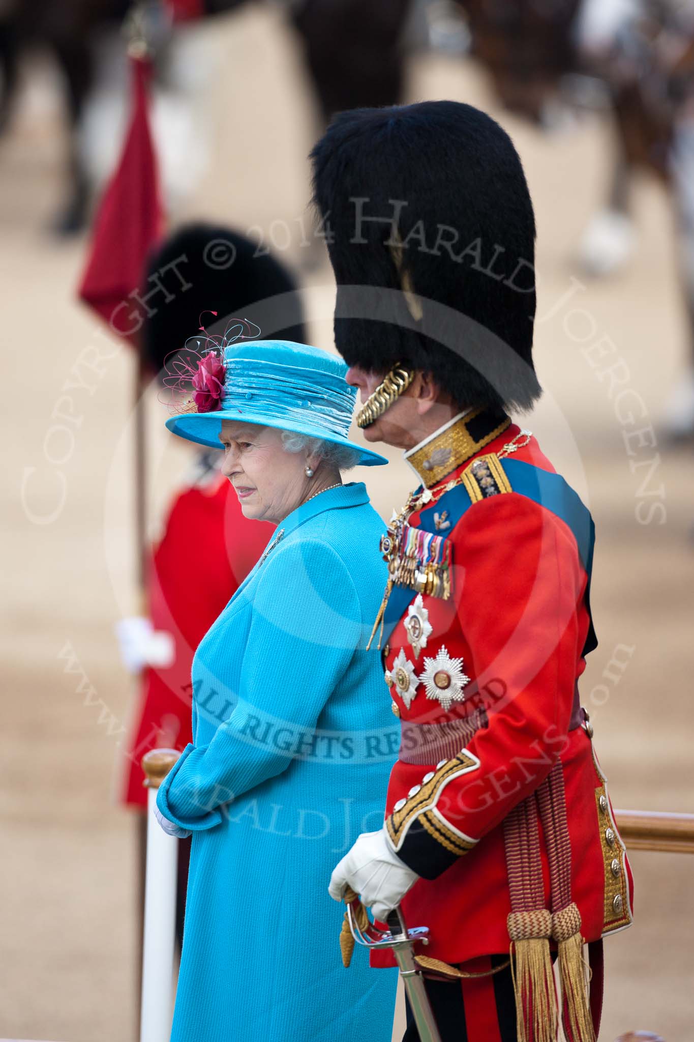Trooping the Colour 2009: HM The Queen and HRH Prince Philip, The Duke of Edinburgh, standing on the saluting base whilst the National Anthem is played..
Horse Guards Parade, Westminster,
London SW1,

United Kingdom,
on 13 June 2009 at 10:58, image #127