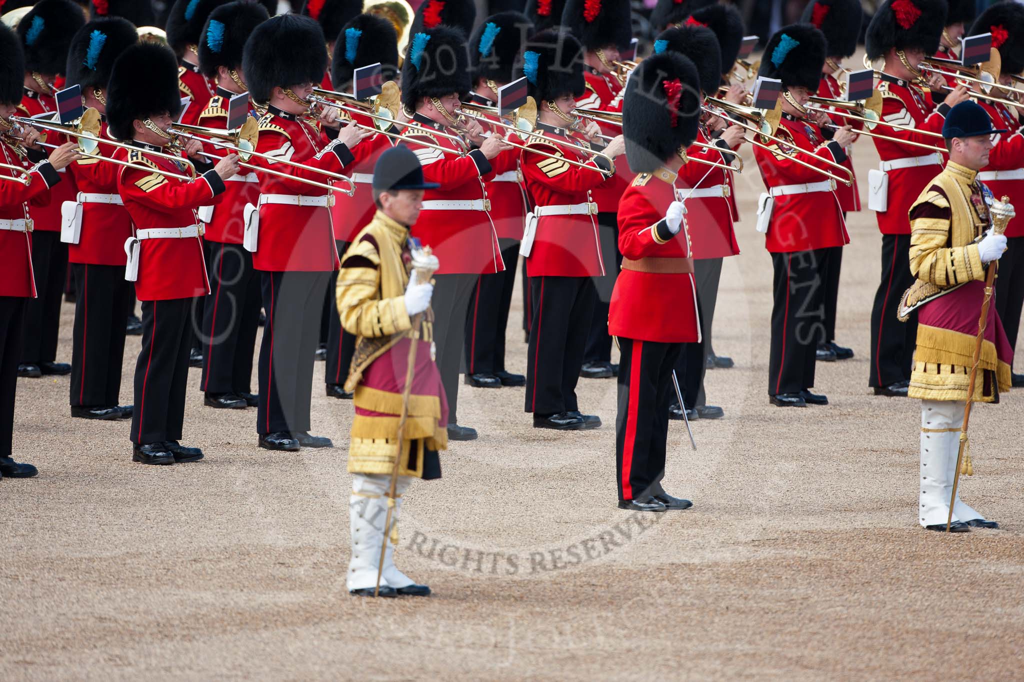 Trooping the Colour 2009: Playing during the Inspection of the Line - the Massed Bands, with the Senior Director of Music, Lieutenant Colonel G O Jones, Coldstream Guardsm in the centre..
Horse Guards Parade, Westminster,
London SW1,

United Kingdom,
on 13 June 2009 at 11:05, image #149