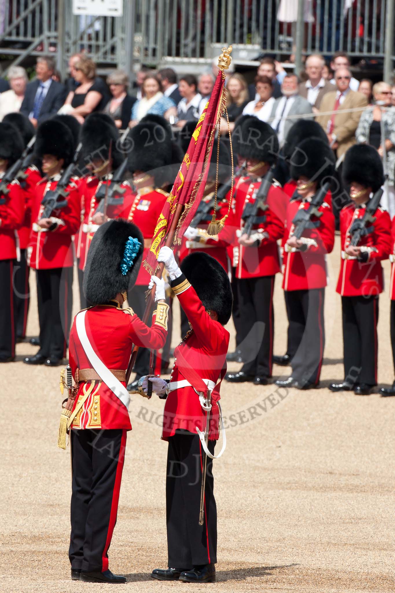 Trooping the Colour 2009: The Regimental Sergeant Major, WO1 Ross Martin, is handing over the Colour to the Ensign, 2nd Lieutenant Andrew Campbell, by placing it into his colour belt..
Horse Guards Parade, Westminster,
London SW1,

United Kingdom,
on 13 June 2009 at 11:21, image #186