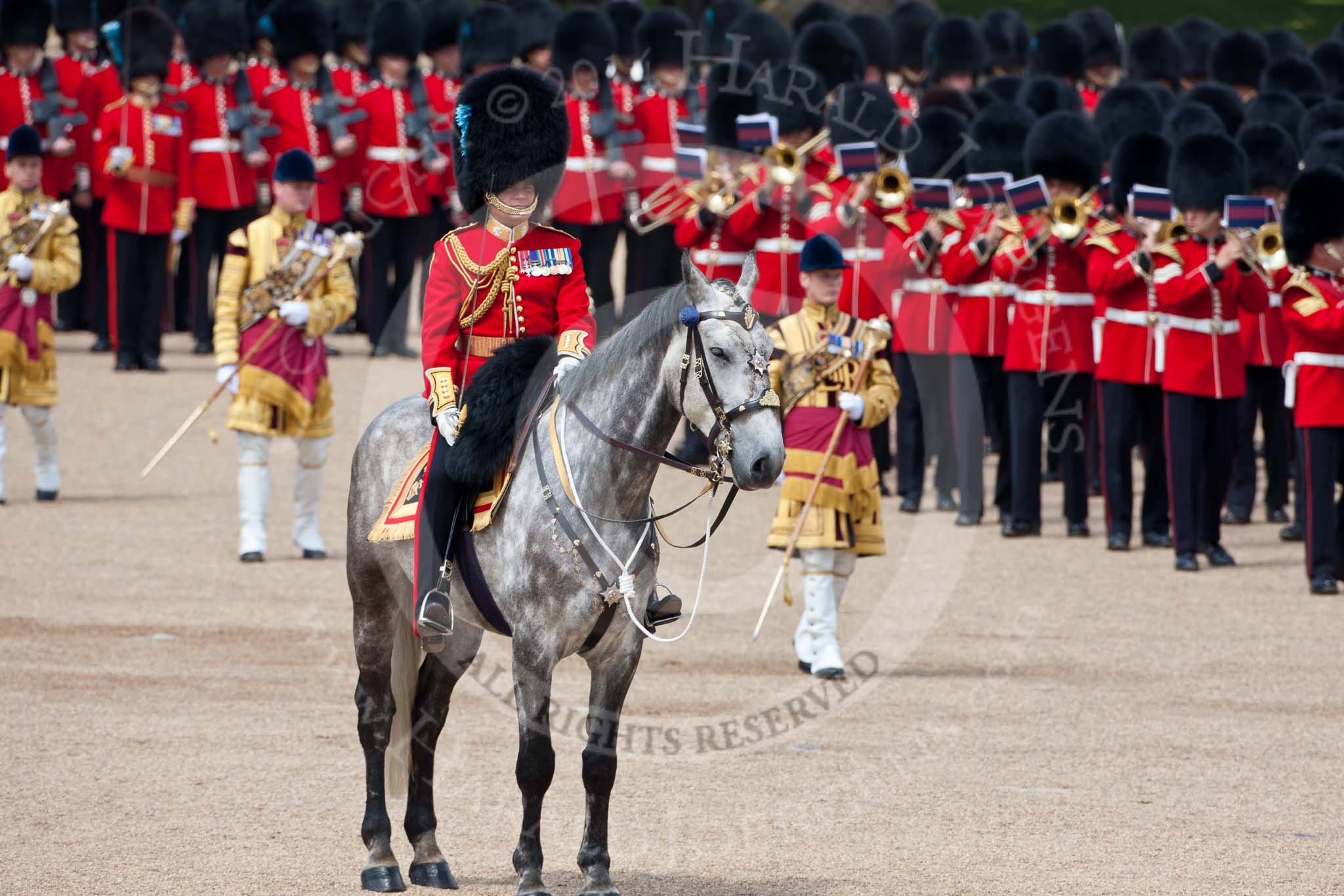 Trooping the Colour 2009: The Field Officer in Brigade Waiting, Lieutenant Colonel B C Farrell, on 'Wellesley', behind him the Massed Bands marching..
Horse Guards Parade, Westminster,
London SW1,

United Kingdom,
on 13 June 2009 at 11:23, image #192