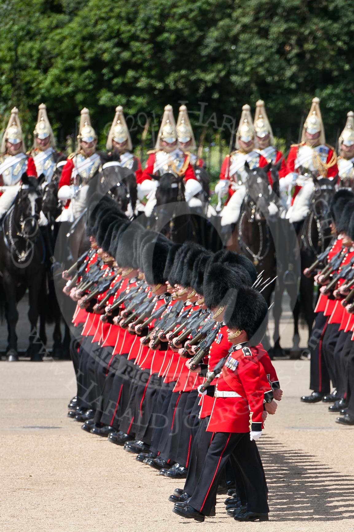 Trooping the Colour 2009: The March Past - No. 6 Guard, F Company Scots Guards, marching in front of The Life Guards..
Horse Guards Parade, Westminster,
London SW1,

United Kingdom,
on 13 June 2009 at 11:44, image #216