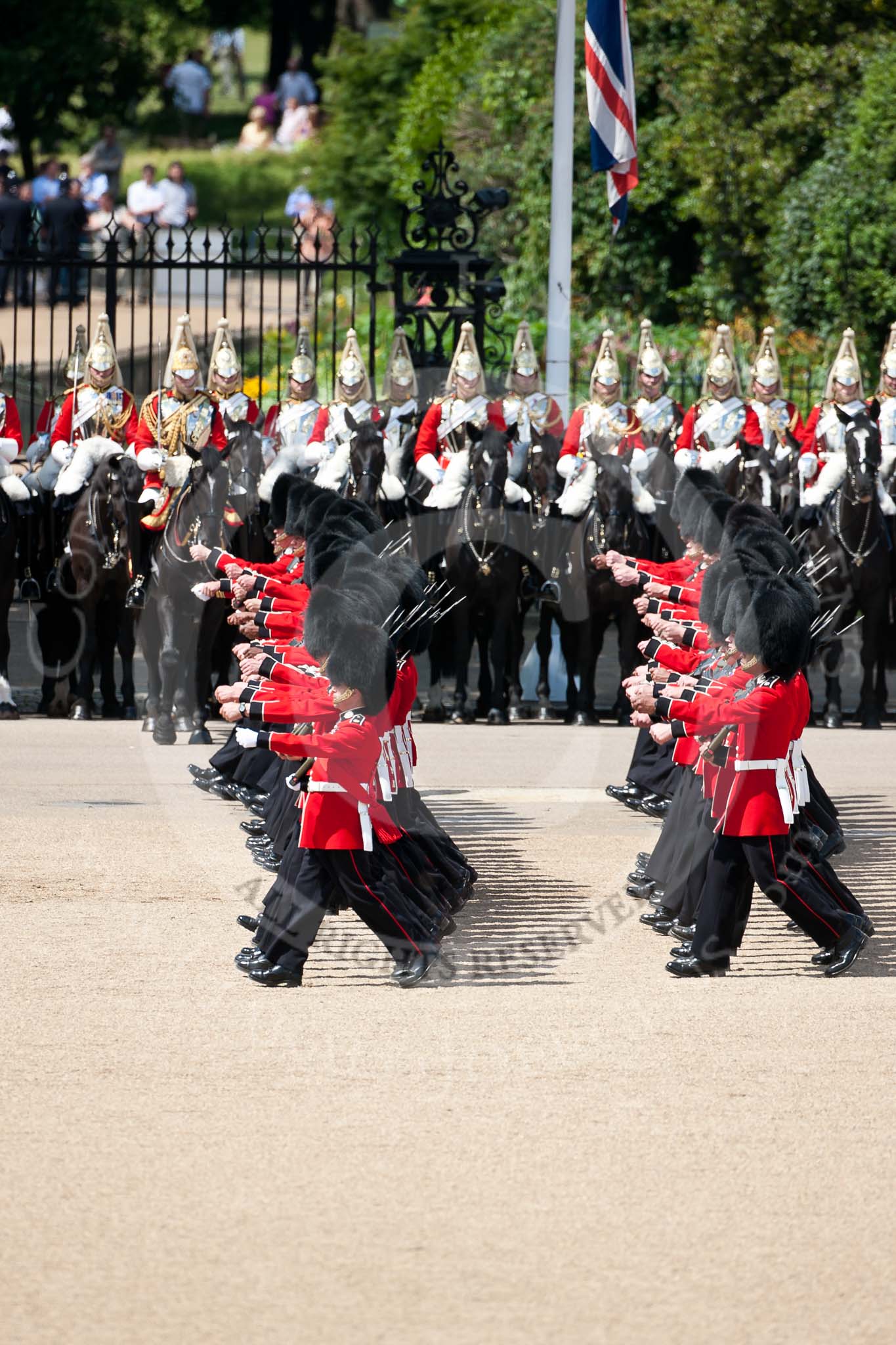 Trooping the Colour 2009: The March Past - No. 6 Guard, F Company Scots Guards, marching in front of The Life Guards..
Horse Guards Parade, Westminster,
London SW1,

United Kingdom,
on 13 June 2009 at 11:44, image #217
