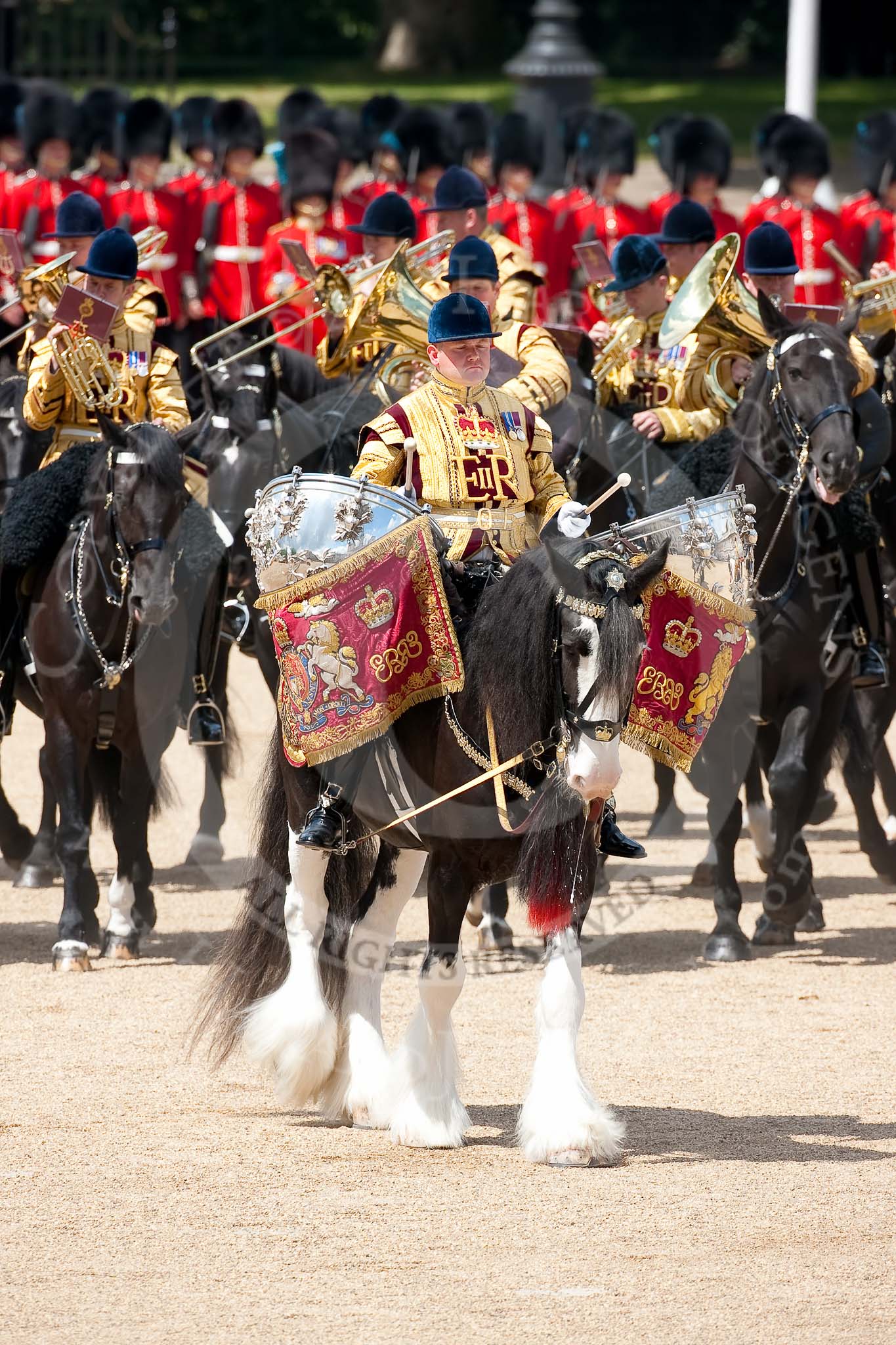 Trooping the Colour 2009: The Ride Past of the Mounted Bands of the Household Cavalry, one of the two kettle drummers in front..
Horse Guards Parade, Westminster,
London SW1,

United Kingdom,
on 13 June 2009 at 11:54, image #231