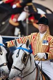 Trooping the Colour 2009: Close-up of the head coachman, Jack Hargreaves, riding one of the Windsor Grey horses, ready to take HM The Queen onto the Inspection of the Line..
Horse Guards Parade, Westminster,
London SW1,

United Kingdom,
on 13 June 2009 at 10:59, image #128
