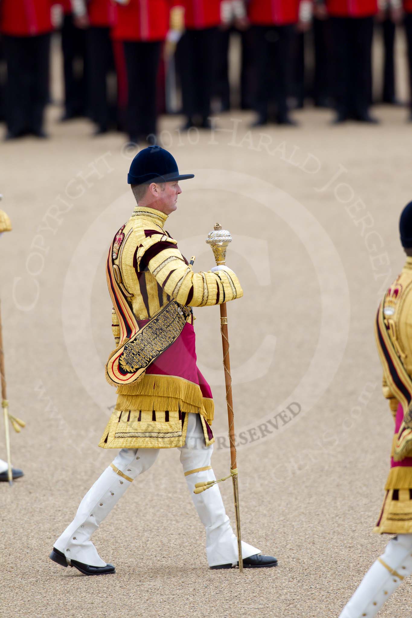 Trooping the Colour 2010: Senior Drum Major A 'Tony' Moors marching, together with his colleagues to the left and the right, leading the Massed Bands..
Horse Guards Parade, Westminster,
London SW1,
Greater London,
United Kingdom,
on 12 June 2010 at 11:09, image #104