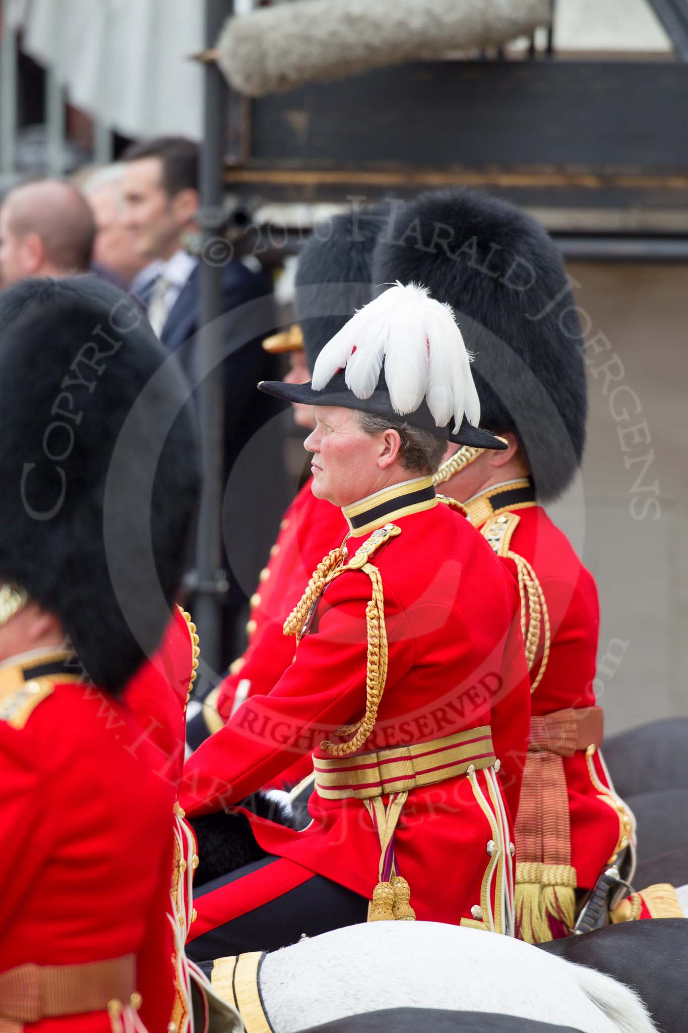 Trooping the Colour 2010: The Chief of Staff London District, Colonel A D Mathewson, watching the &quot;Massed Bands Troop&quot;. The structure behind him is a press stand used by photographers and television, hence the &quot;furry&quot; microphone on top of the photo..
Horse Guards Parade, Westminster,
London SW1,
Greater London,
United Kingdom,
on 12 June 2010 at 11:15, image #118
