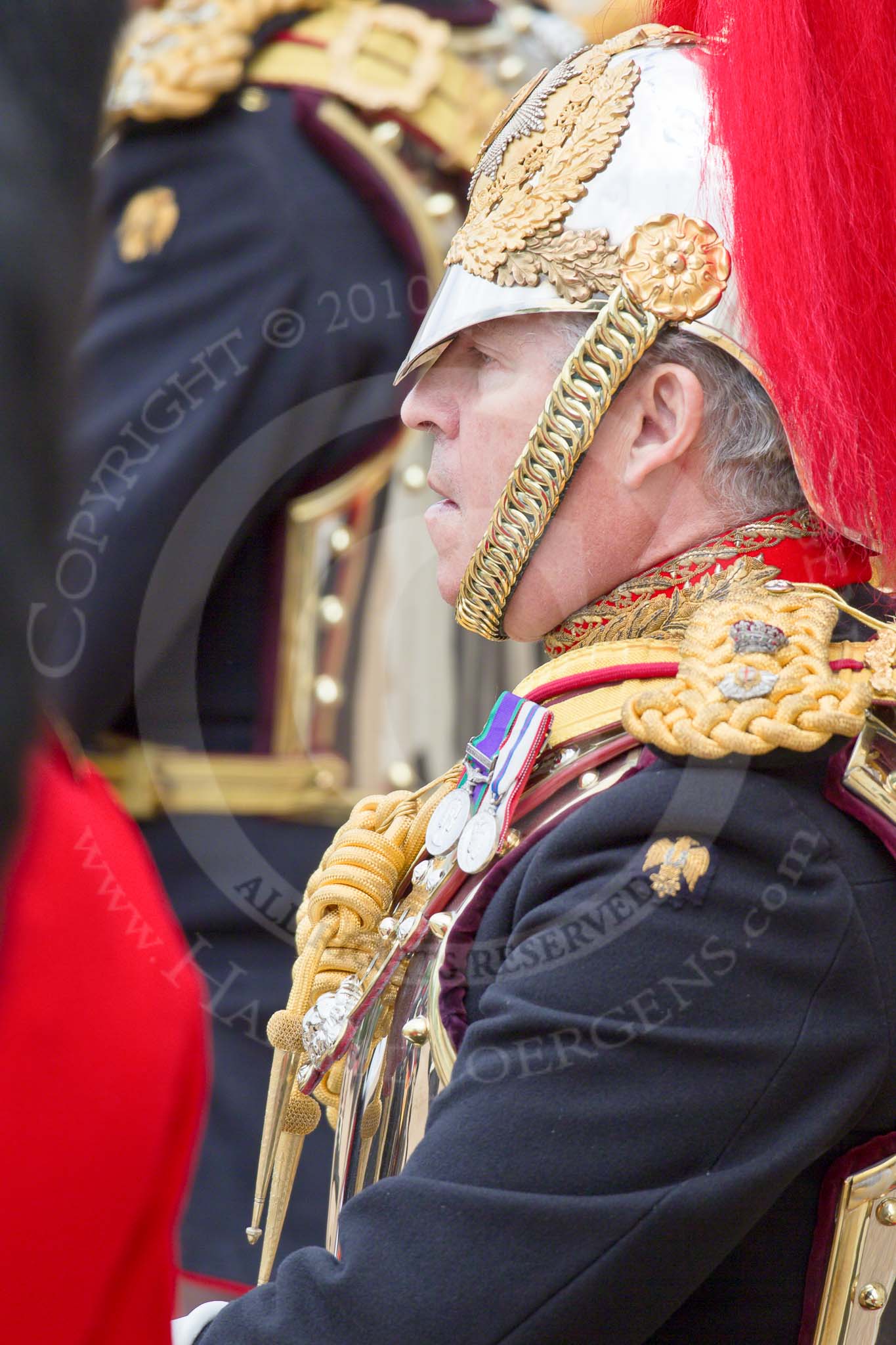 Trooping the Colour 2010: Colonel T W Browne, The Blues and Royals, Silver Stick in Waiting. Lots of detail in this photo.

Horse Guards Parade is beautifully reflected in the rear shield of his uniform (please correct me if &quot;rear shield&quot; is the wrong phrase!)..
Horse Guards Parade, Westminster,
London SW1,
Greater London,
United Kingdom,
on 12 June 2010 at 11:16, image #119