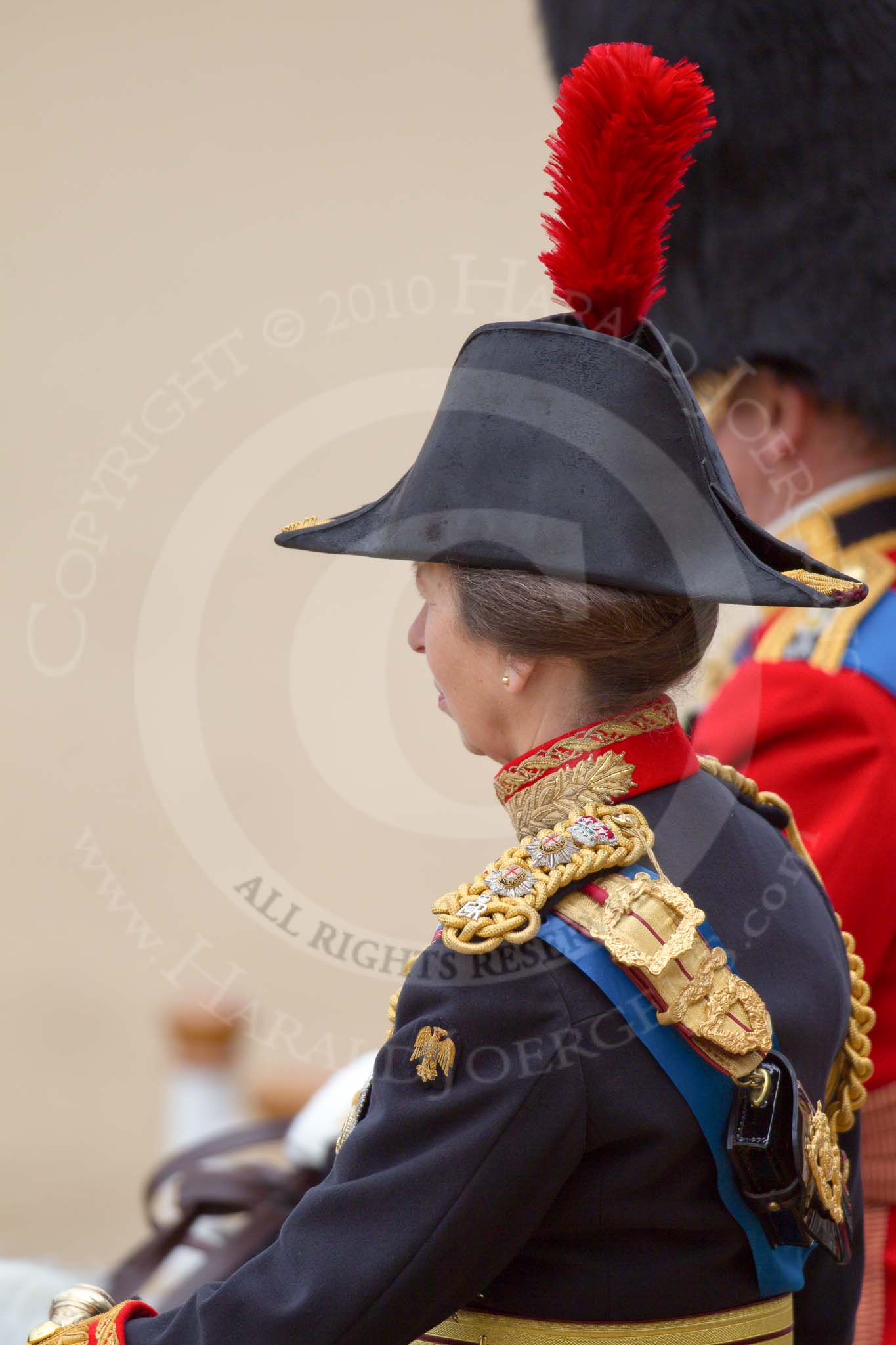 Trooping the Colour 2010: Anne, Princess Royal, only daughter of Queen Elizabeth II and Prince Philip, Duke of Edinburgh and Colonel of the Blues and Royals, attending the parade as Royal Colonels..
Horse Guards Parade, Westminster,
London SW1,
Greater London,
United Kingdom,
on 12 June 2010 at 11:24, image #124