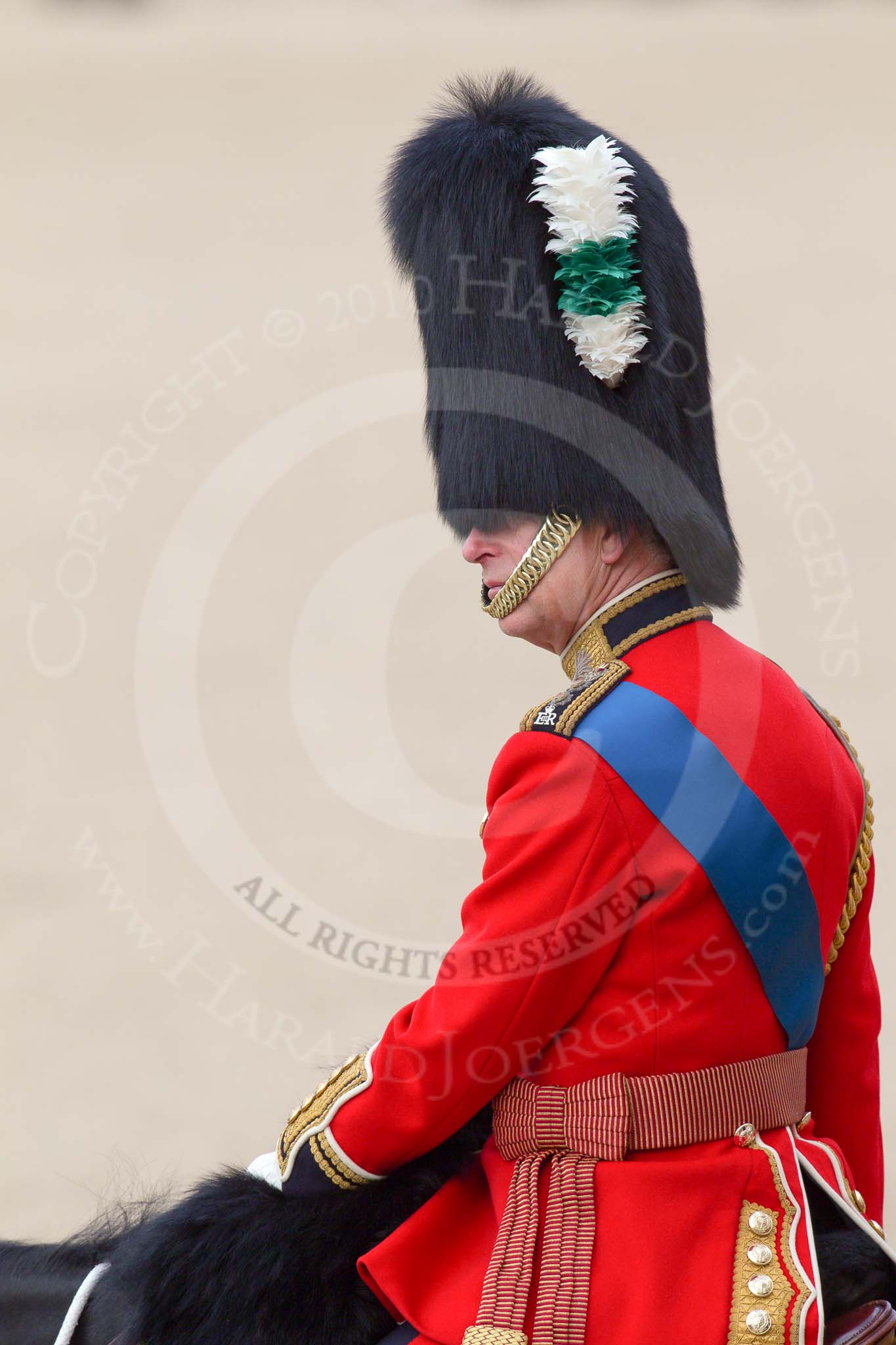 Trooping the Colour 2010: His Royal Highness (HRH) Charles, Prince of Wales, 
the eldest child of Queen Elizabeth II and Prince Philip, Duke of Edinburgh, heir apparent to the throne.

As Colonel of the Welsh Guards, the Prince of Wales is taking part in &quot;Trooping the Colour&quot; 2010. As a Royal Colonel, his place at the parade is close to Her Majesty within the Royal Procession.

In this photo, he is observing the parade on horseback, positioned, by protocol, left to the dais of the Queen..
Horse Guards Parade, Westminster,
London SW1,
Greater London,
United Kingdom,
on 12 June 2010 at 11:33, image #134