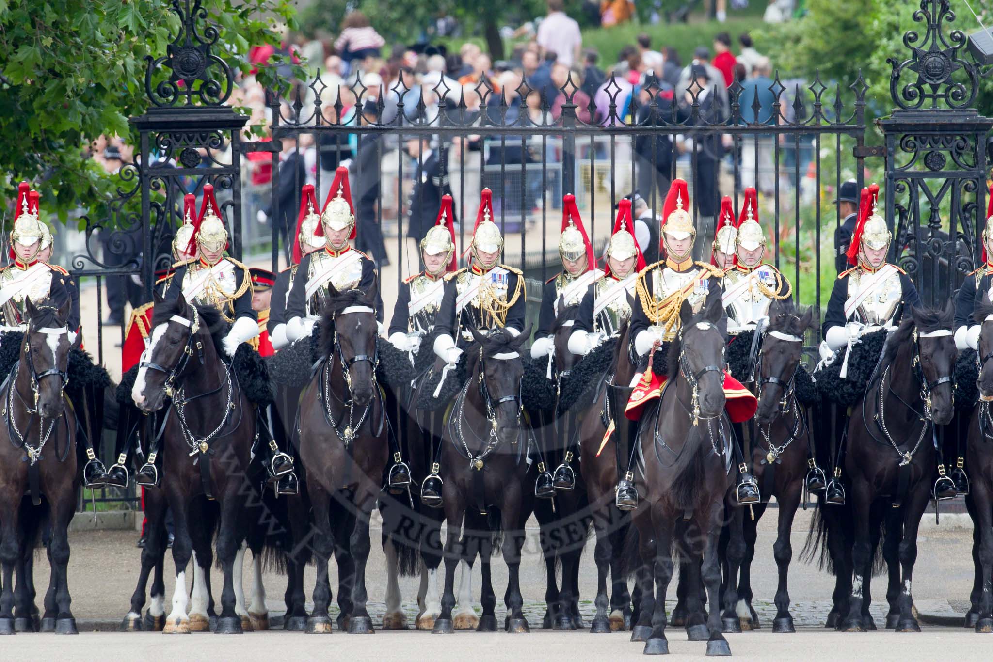 Trooping the Colour 2010: The First and Second Division of the Sovereign's Escort, Blues and Royals of the Household Cavalry, in front of St. James's Park, on the western side of the parade ground..
Horse Guards Parade, Westminster,
London SW1,
Greater London,
United Kingdom,
on 12 June 2010 at 11:34, image #135