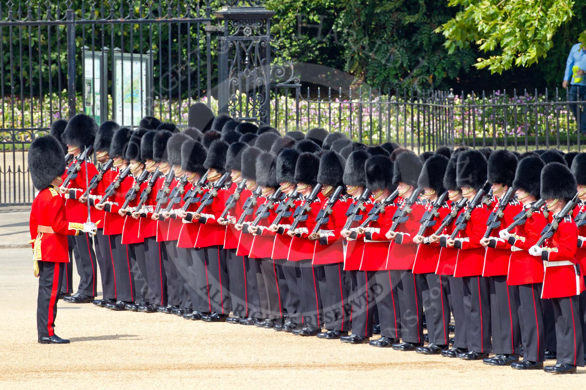 The Colonel's Review 2011: No. 3 Guard, F Company Scots Guards, taking up their place on the parade ground. In the background St. James's Park..
Horse Guards Parade, Westminster,
London SW1,

United Kingdom,
on 04 June 2011 at 10:28, image #28