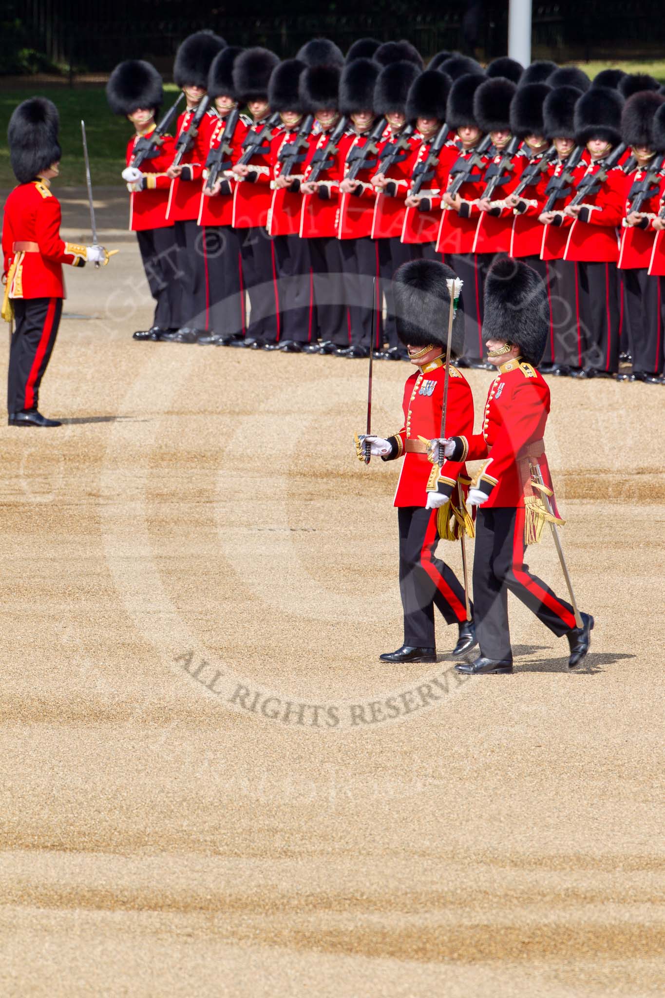 The Colonel's Review 2011: The Subaltern of No. 5 Guard, 1st Battalion Welsh Guards, and the Ensign of No. 4 Guard (Nijmegen Company Grenadier Guards)..
Horse Guards Parade, Westminster,
London SW1,

United Kingdom,
on 04 June 2011 at 10:29, image #34