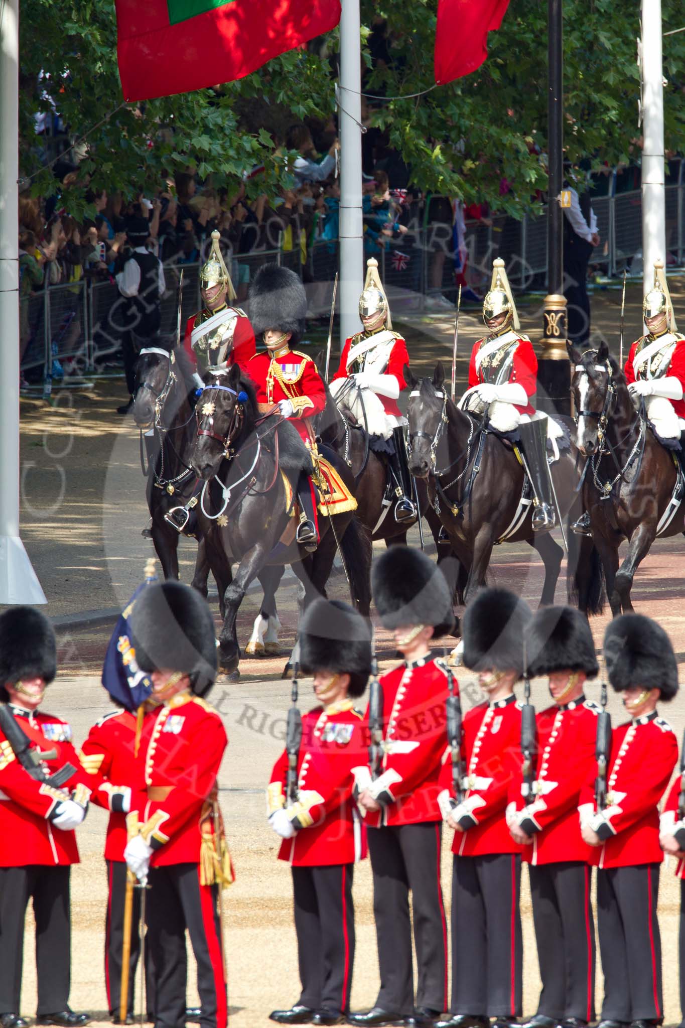 The Colonel's Review 2011: The Royal Procession arriving at Horse Guards Parade. In front, Brigade Major Household Division, Lieutenant Colonel A P Speed, Scots Guards, followed by four Troopers of The Life Guards..
Horse Guards Parade, Westminster,
London SW1,

United Kingdom,
on 04 June 2011 at 10:55, image #67